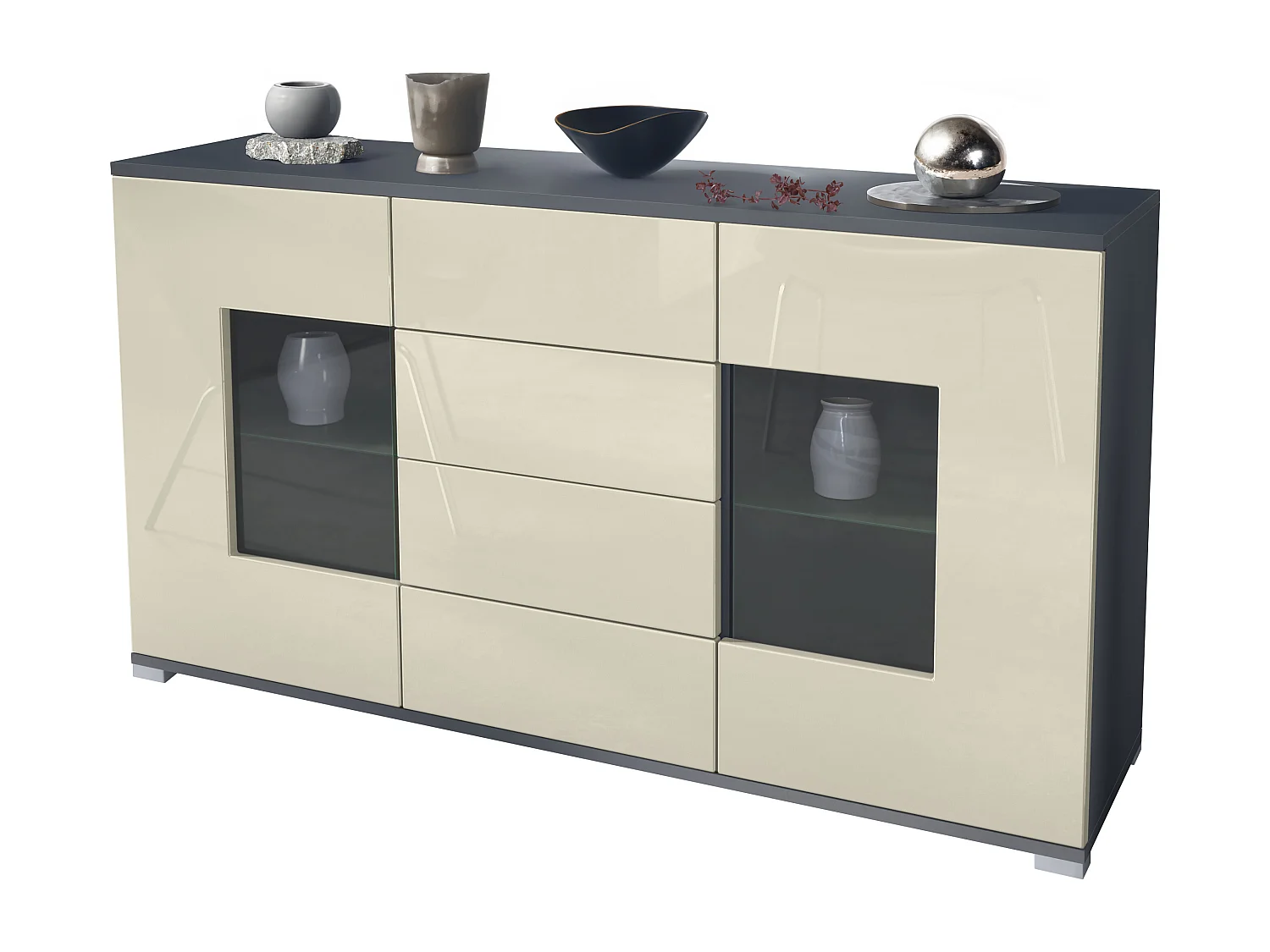 Buffet Grömitz V1 – Meuble avec 2 Grandes Portes et 4 Tiroirs, anthracite mat/crème haute brillance (138,5 x 75,5 x 35)