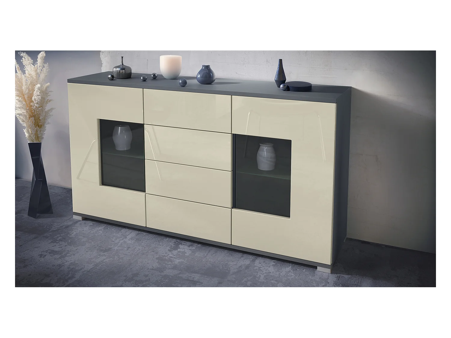 Buffet Grömitz V1 – Meuble avec 2 Grandes Portes et 4 Tiroirs, anthracite mat/crème haute brillance (138,5 x 75,5 x 35)