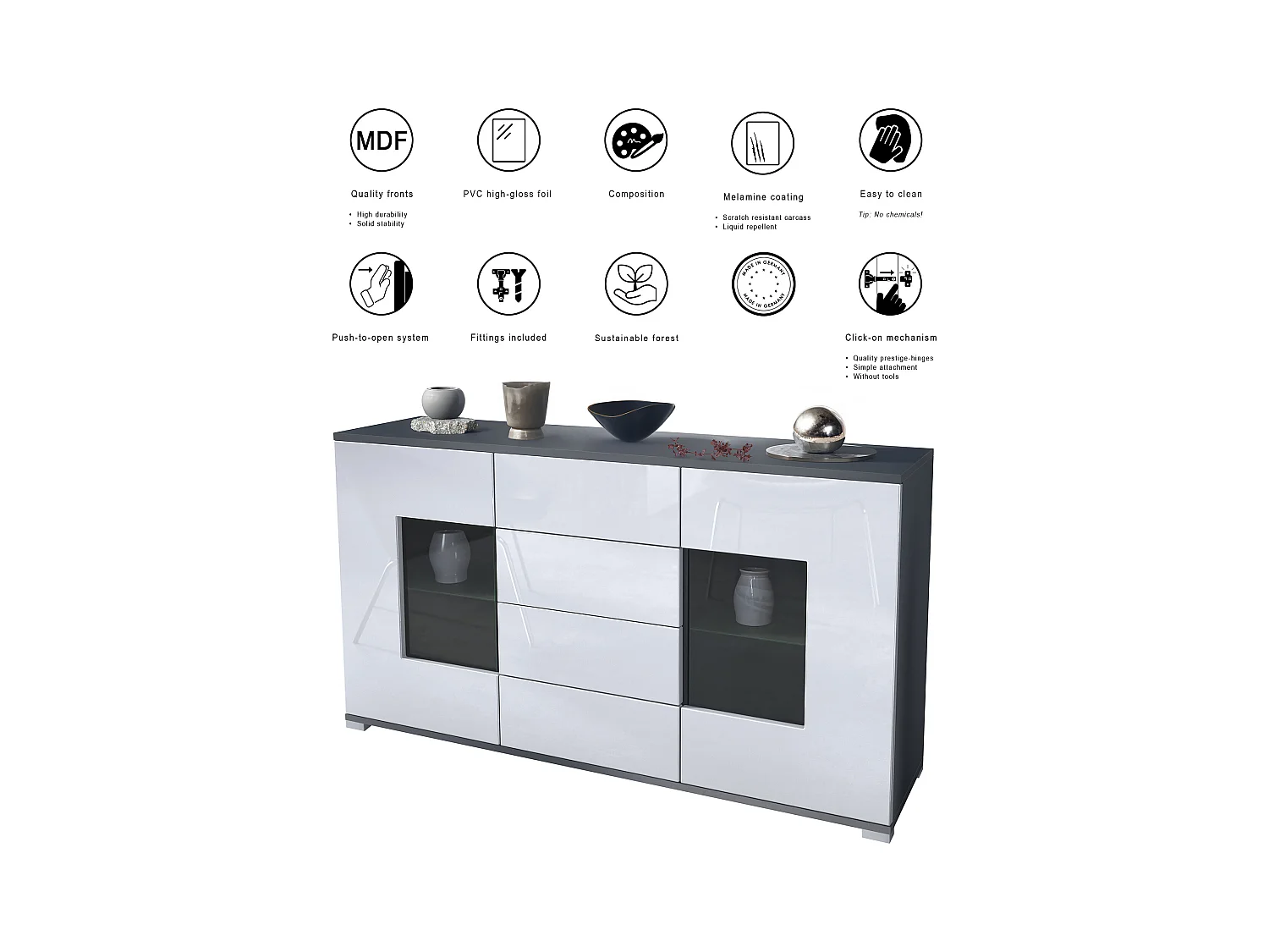 Buffet Grömitz V1 – Meuble avec 2 Grandes Portes et 4 Tiroirs, anthracite mat/crème haute brillance (138,5 x 75,5 x 35)