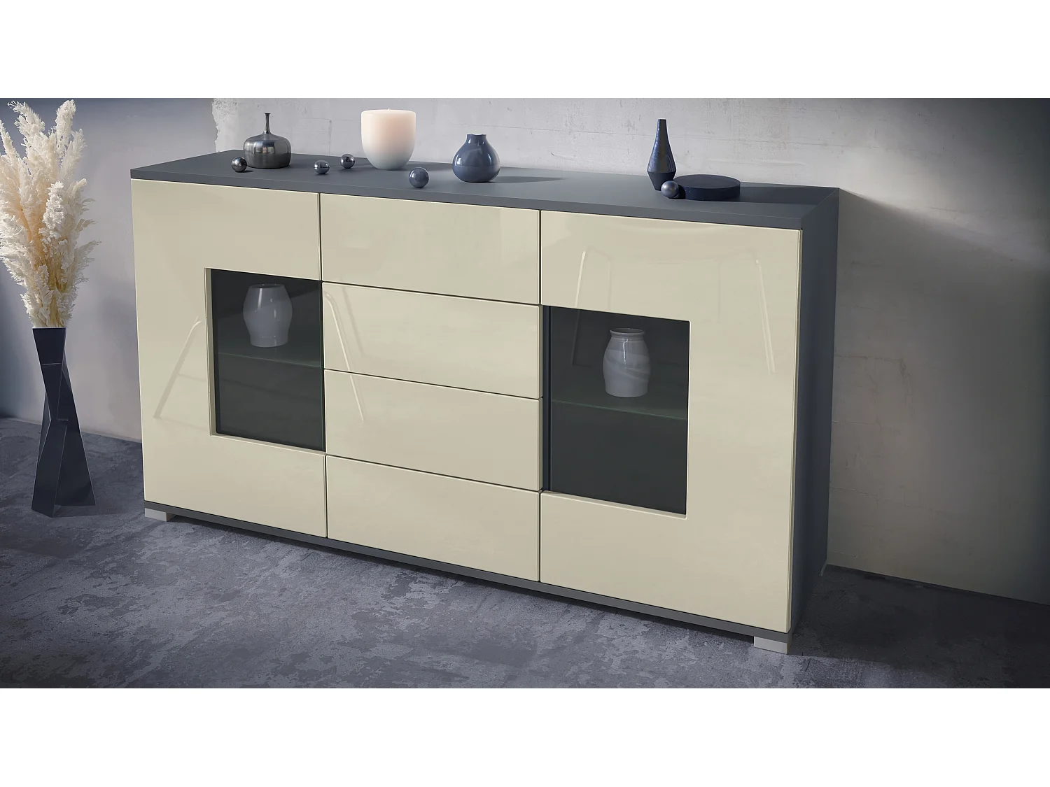 Buffet Grömitz V1 – Meuble avec 2 Grandes Portes et 4 Tiroirs, anthracite mat/crème haute brillance (138,5 x 75,5 x 35)