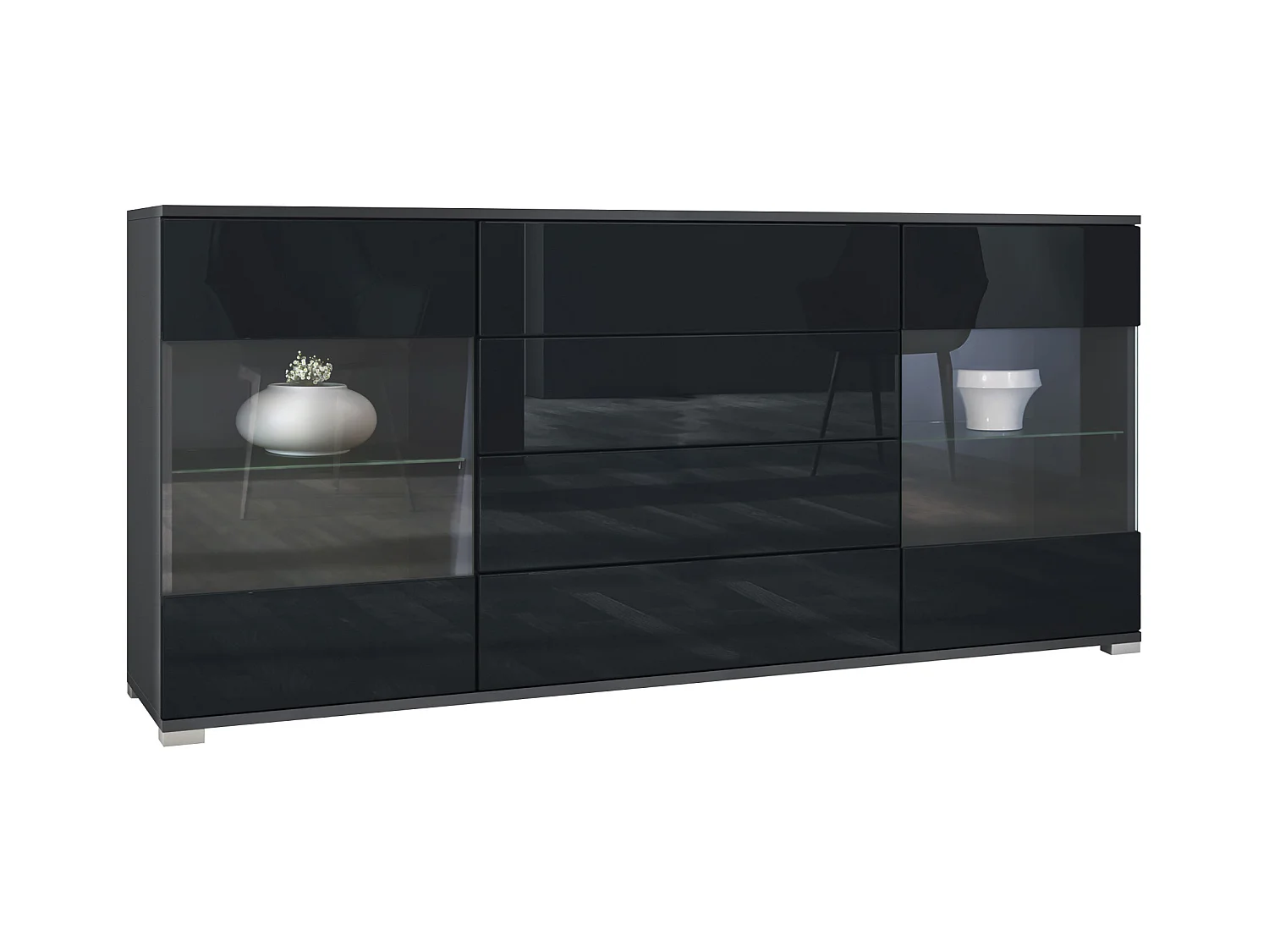 Buffet Bari V2 – Meuble avec 2 Grandes Portes et 4 Tiroirs, anthracite mat/noir haute brillance (166,5 x 75,5 x 35)