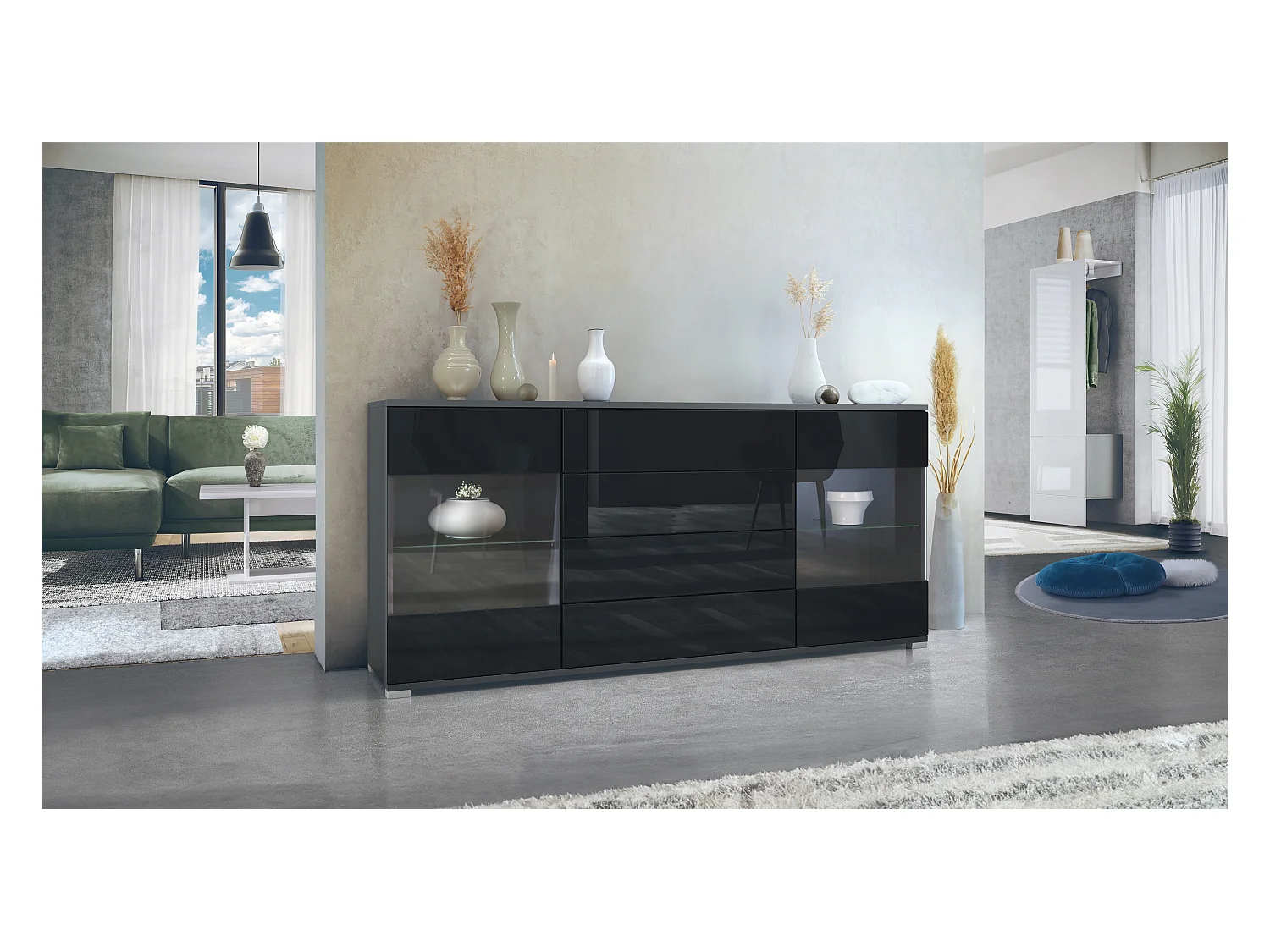 Buffet Bari V2 – Meuble avec 2 Grandes Portes et 4 Tiroirs, anthracite mat/noir haute brillance (166,5 x 75,5 x 35)
