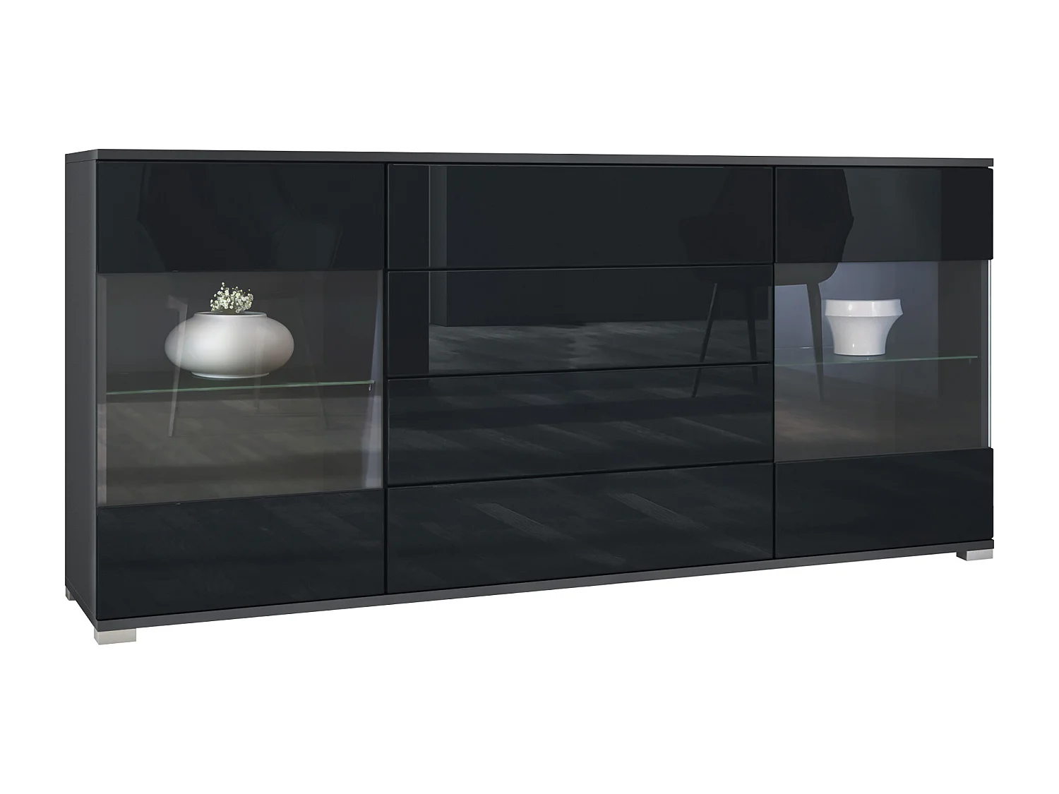Buffet Bari V2 – Meuble avec 2 Grandes Portes et 4 Tiroirs, anthracite mat/noir haute brillance (166,5 x 75,5 x 35)