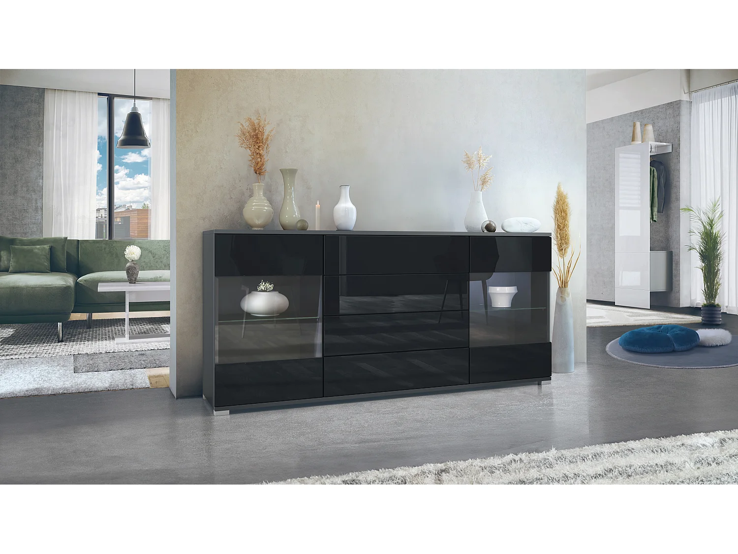 Buffet Bari V2 – Meuble avec 2 Grandes Portes et 4 Tiroirs, anthracite mat/noir haute brillance (166,5 x 75,5 x 35)