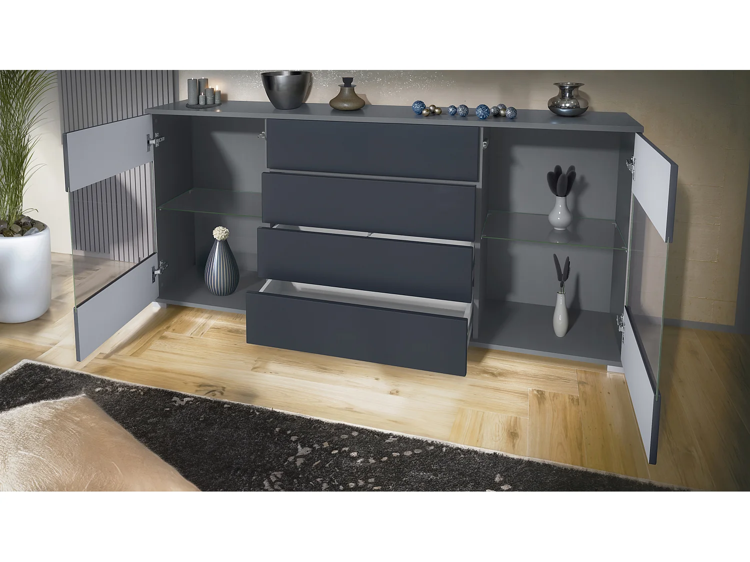 Buffet Bari V2 – Meuble avec 2 Grandes Portes et 4 Tiroirs, anthracite mat/noir haute brillance (166,5 x 75,5 x 35)