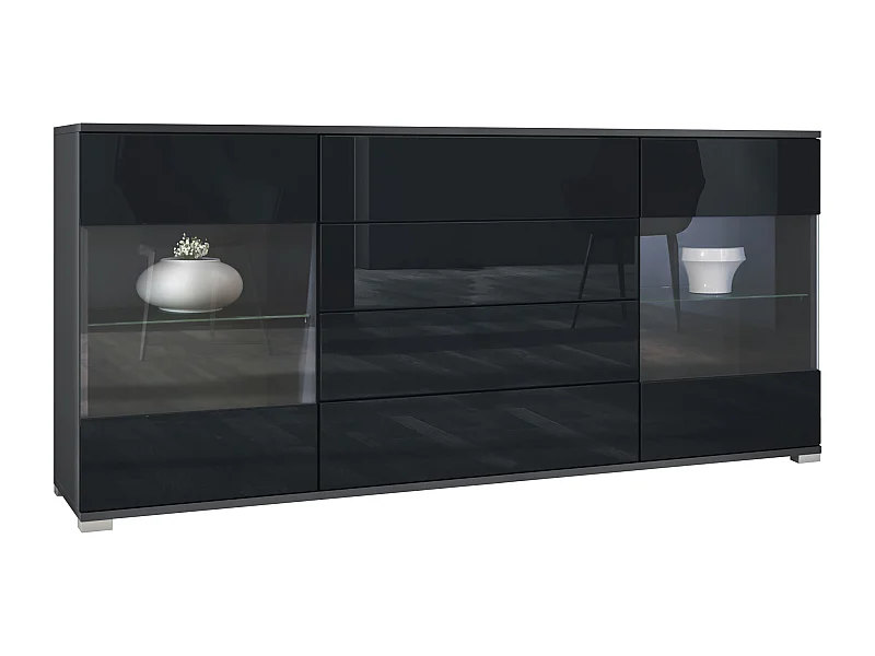 Credenza Bari  V2 – Mobile con 2 Grandi Ante e 4 Cassetti, antracite opaco /nero lucido (166,5 x 75,5 x 35)