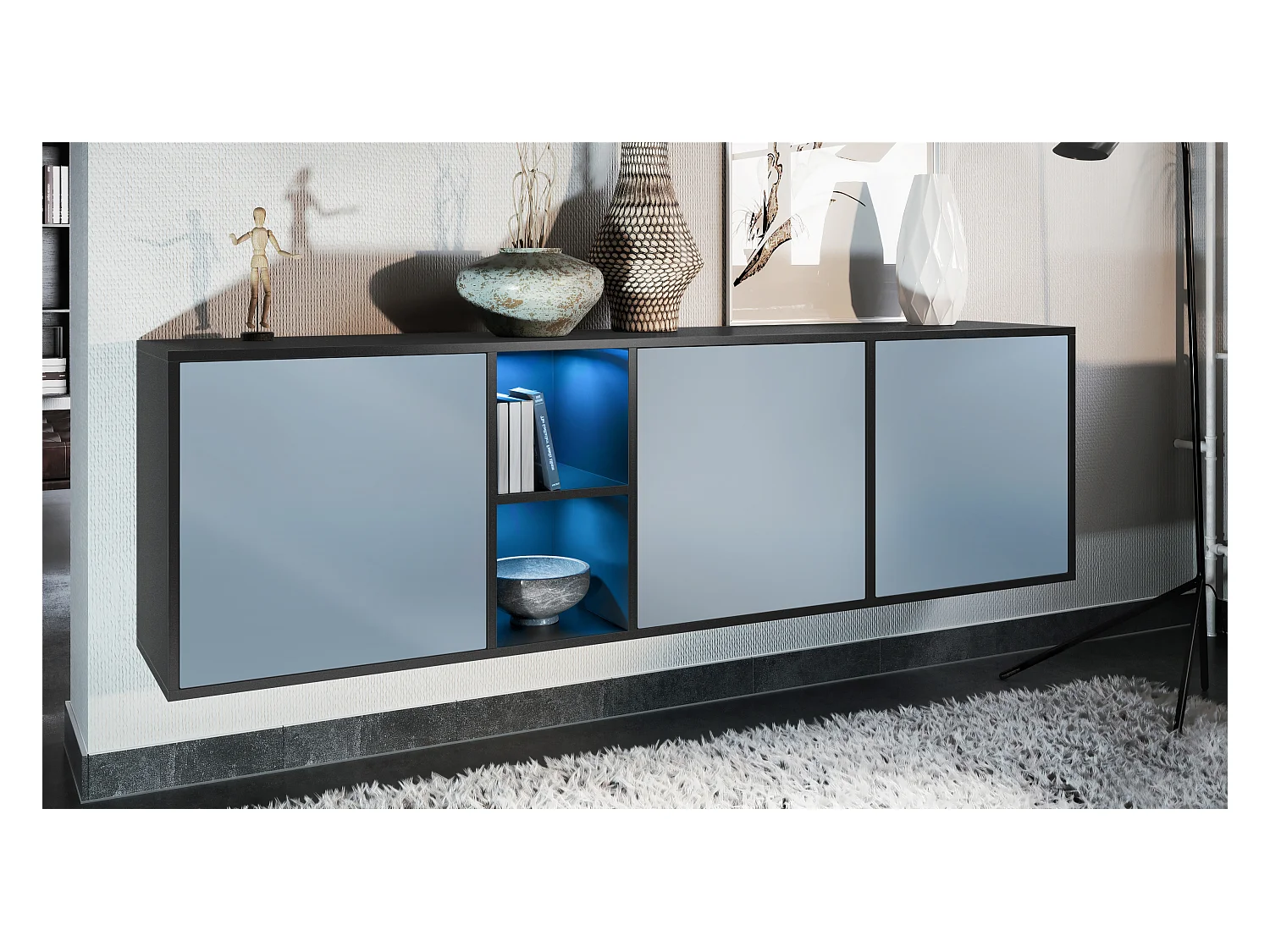 Commode Cuba - noir mat/denim mat - Buffet moderne pour votre salon - (LxHxP) 182x53x35 cm