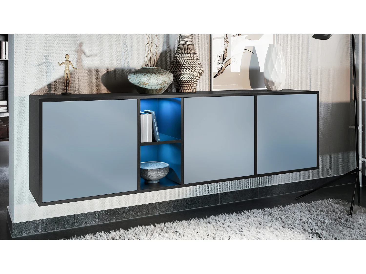 Vladon Cassettiera Cuba - nero opaco/denim opaco - Credenza moderna per la zona giorno - (LxAxP) 182x53x35 cm