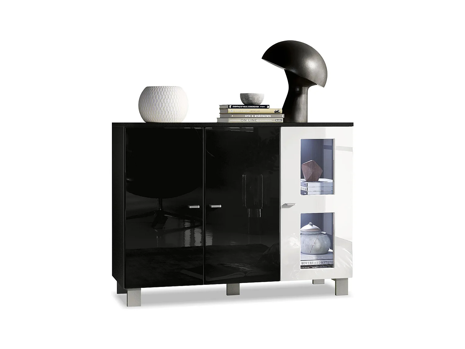 Buffet Denjo, Commode avec 3 portes, Noir mat/Noir haute brillance/Blanc haute brillance, éclairage LED inclus (107 x 81 x 35 cm)