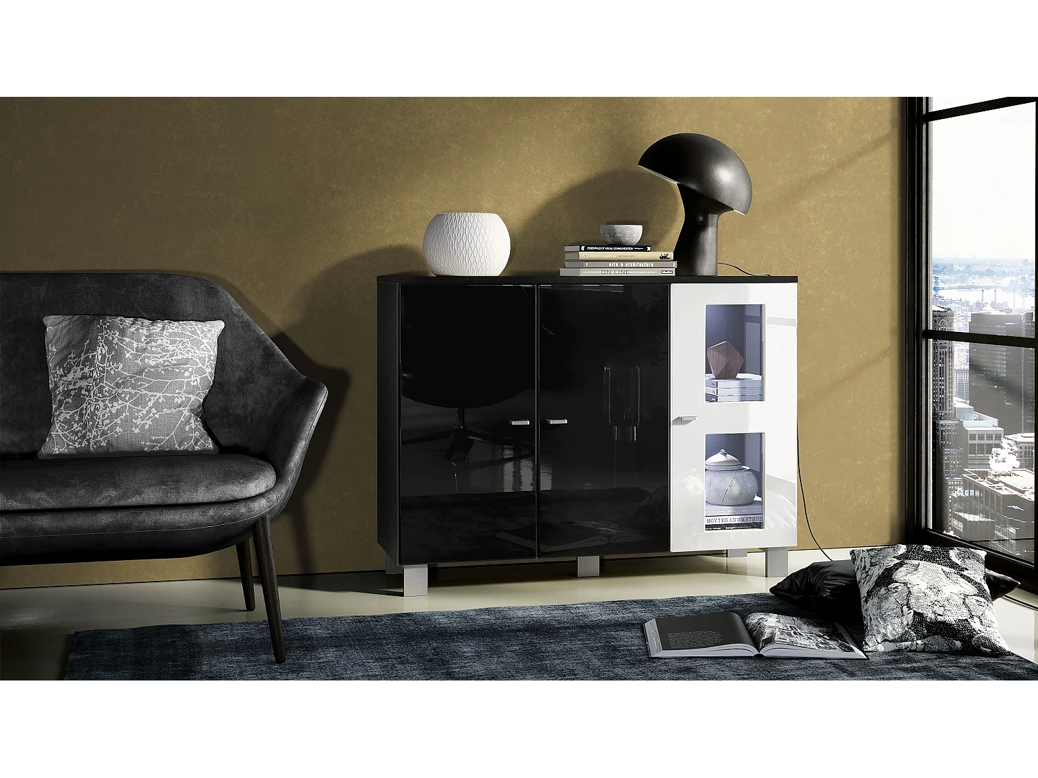 Buffet Denjo, Commode avec 3 portes, Noir mat/Noir haute brillance/Blanc haute brillance, éclairage LED inclus (107 x 81 x 35 cm)