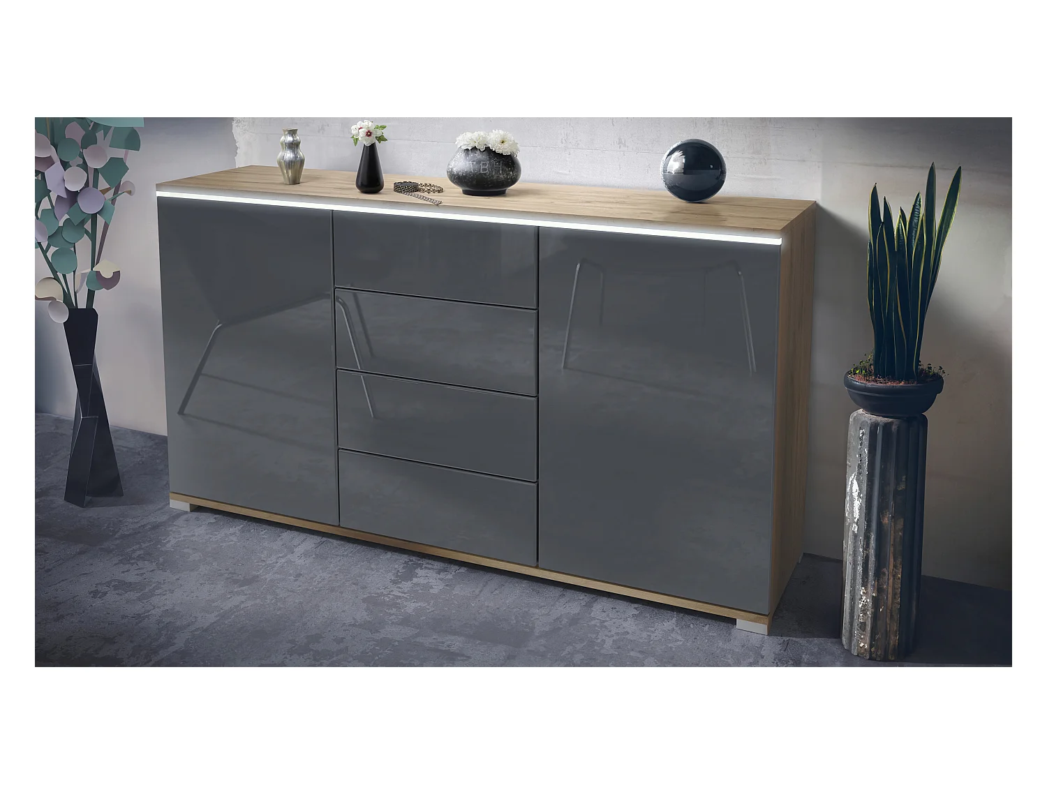 Buffet Faro V1 – Meuble avec 2 Portes & 4 Tiroirs, Armoire avec Bande LED Lumineuse, Chêne Evoke / gris haute brillance (138,5 x 75,5 x 35)