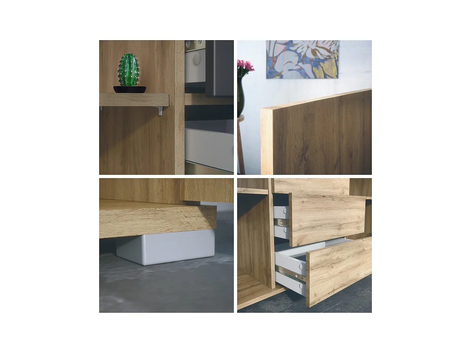 Buffet Faro V1 – Meuble avec 2 Portes & 4 Tiroirs, Armoire avec Bande LED Lumineuse, Chêne Evoke / gris haute brillance (138,5 x 75,5 x 35)