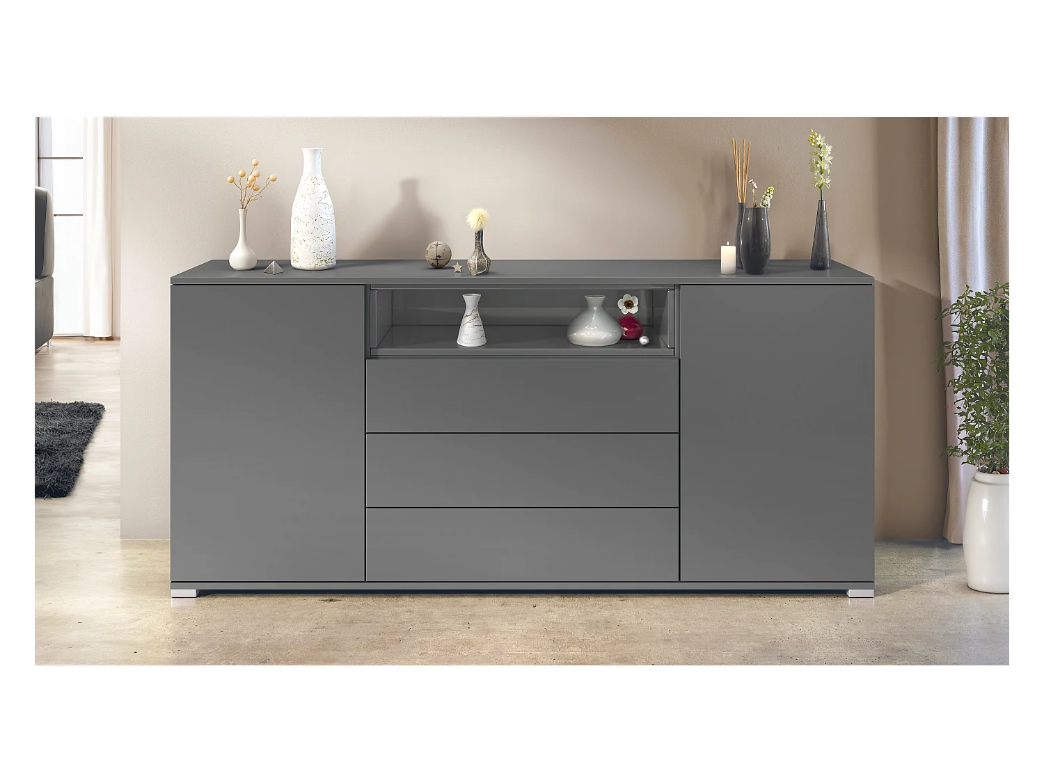 Skadu V4 Buffet, Commode avec 2 portes, 3 tiroirs et 1 compartiment ouvert, anthracite mat/gris haute brillance (166,5 x 75,5 x 35 cm)