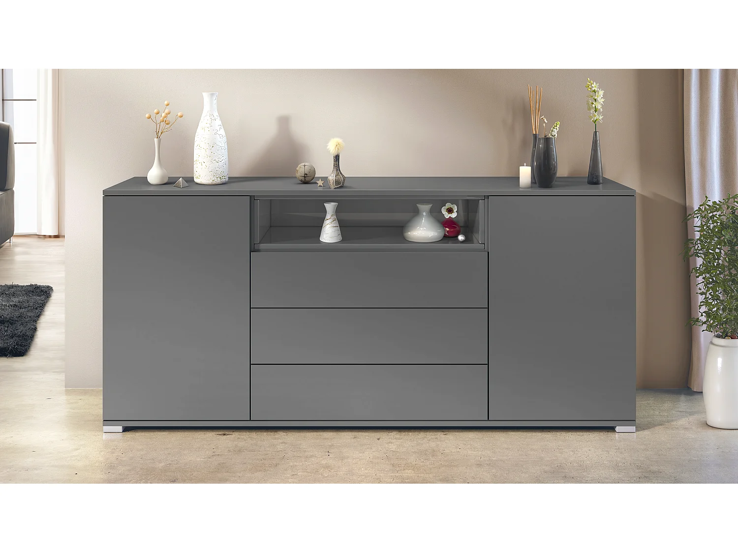 Skadu V4 Buffet, Commode avec 2 portes, 3 tiroirs et 1 compartiment ouvert, anthracite mat/gris haute brillance (166,5 x 75,5 x 35 cm)