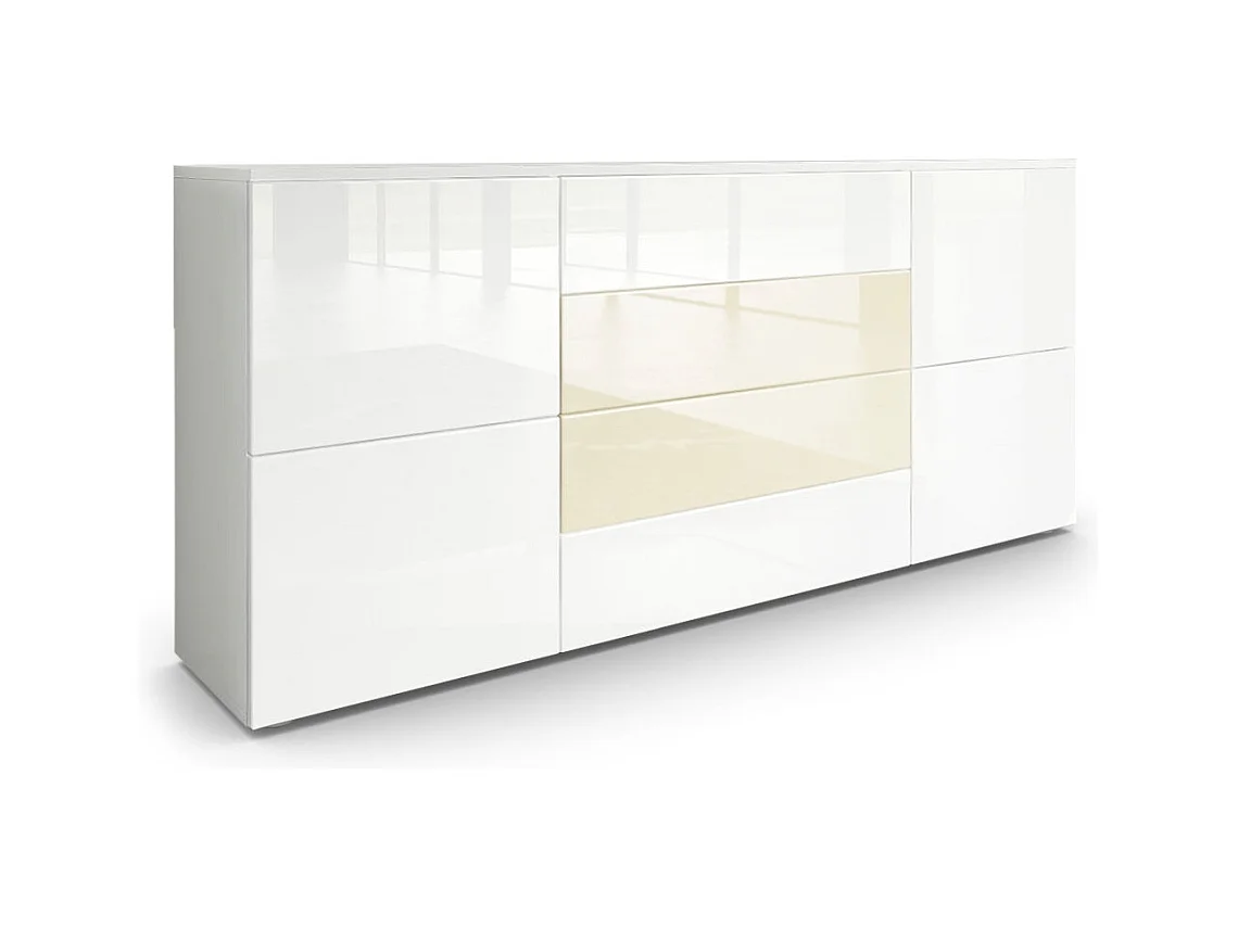 Buffet Rova, Commode avec 4 portes et 4 tiroirs, Blanc mat/Blanc haute brillance (166 x 72 x 35 cm)