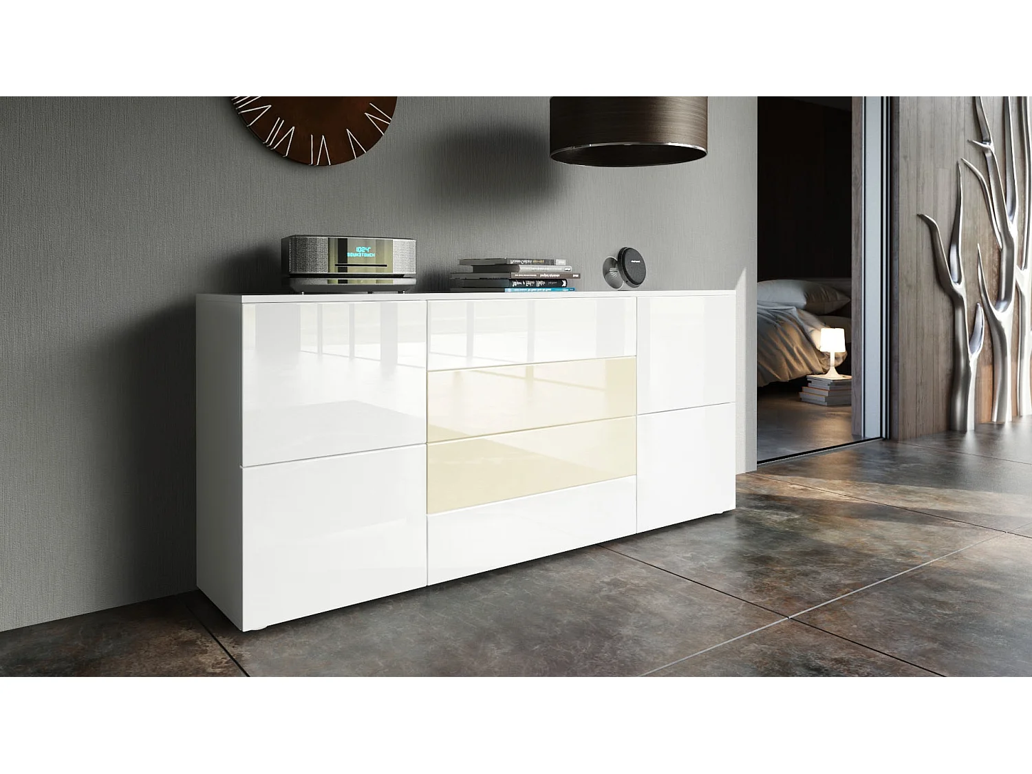 SIDEBOARD Rova Weiß Hochglanz / Creme Hochglanz