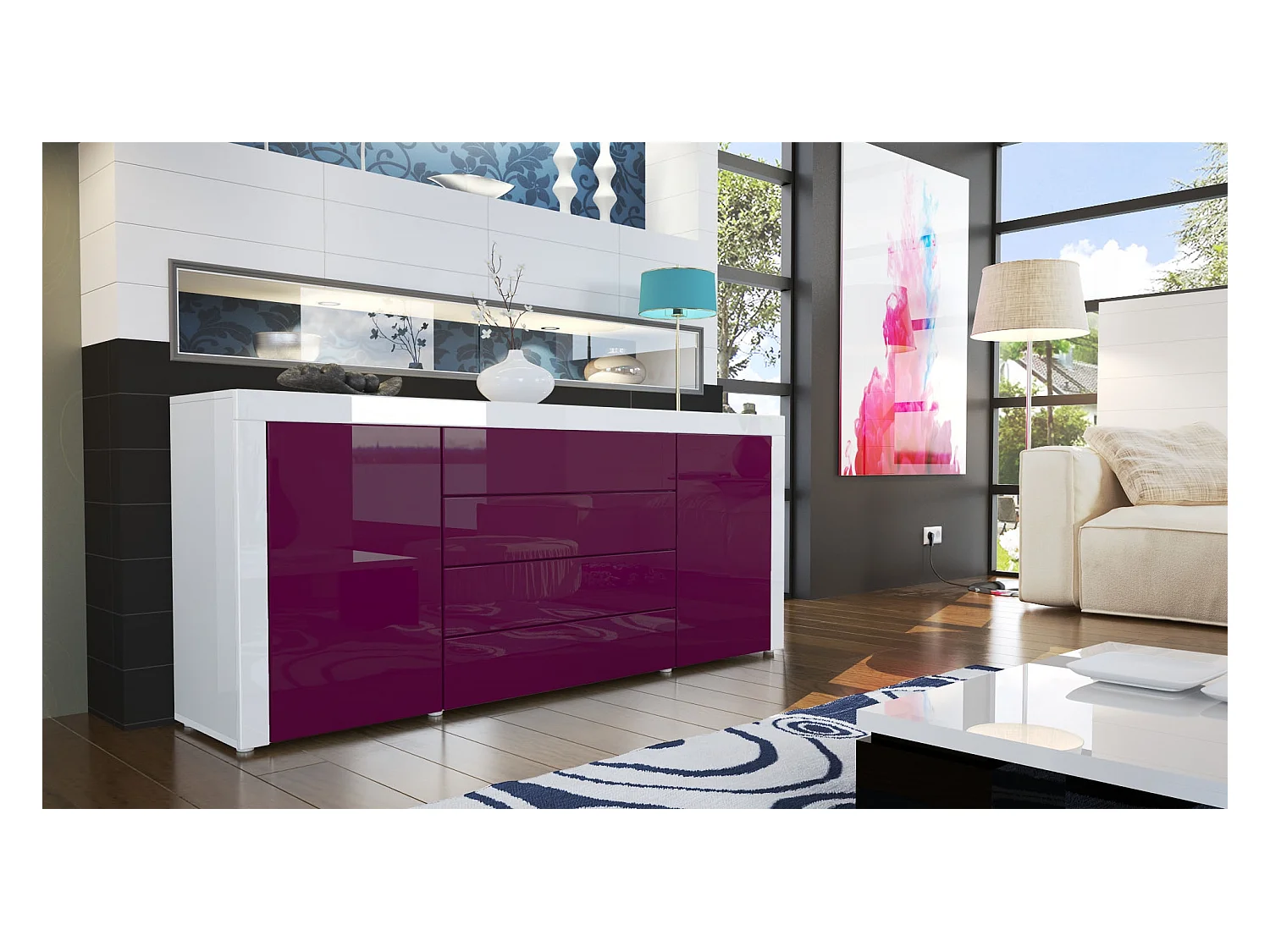 Buffet commode La Paz, Corps en Blanc haute brillance / Façades en mûre haute brillance avec une bordure en blanc haute brillance