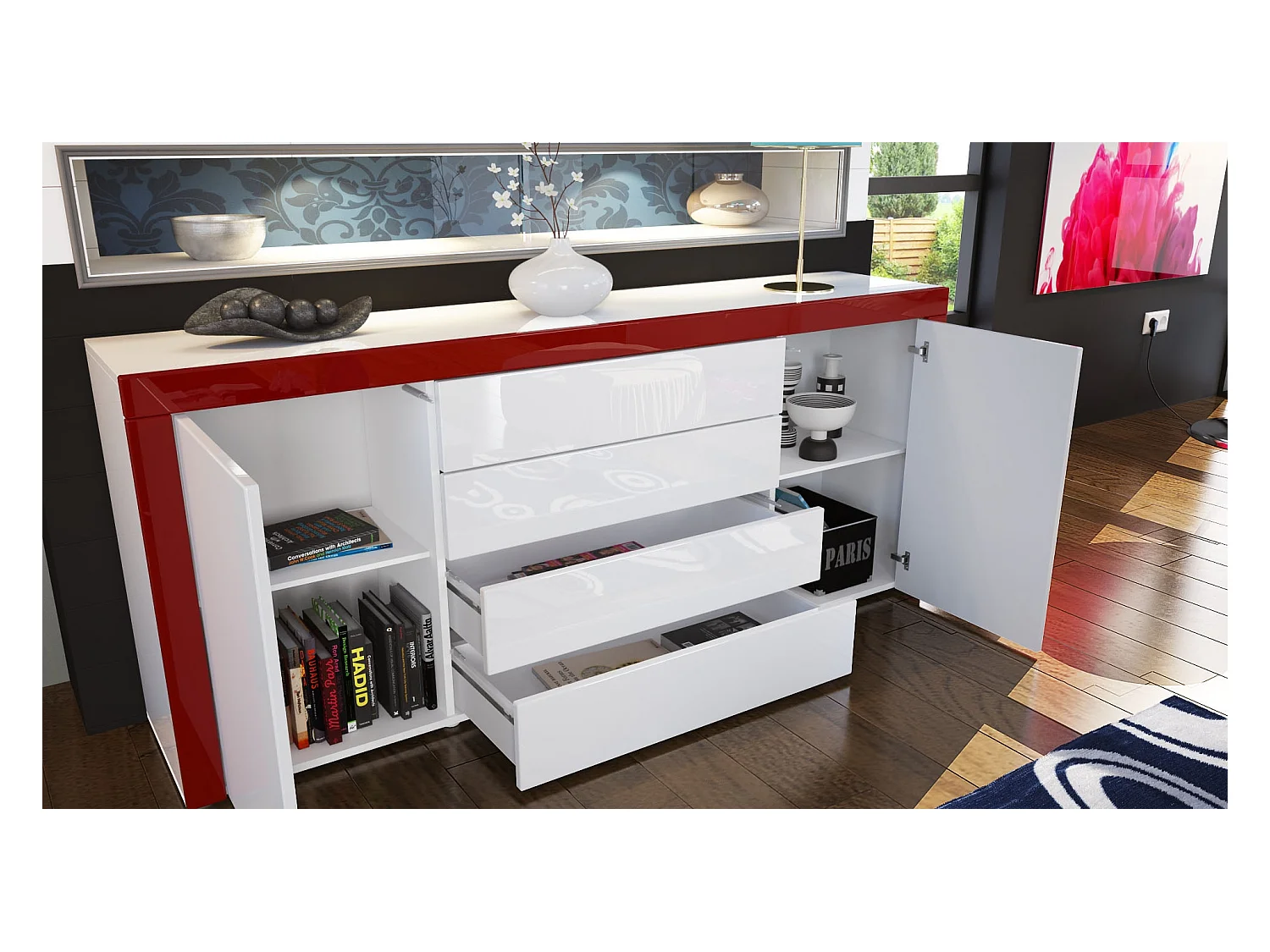 Buffet commode La Paz, Corps en Blanc haute brillance / Façades en mûre haute brillance avec une bordure en blanc haute brillance