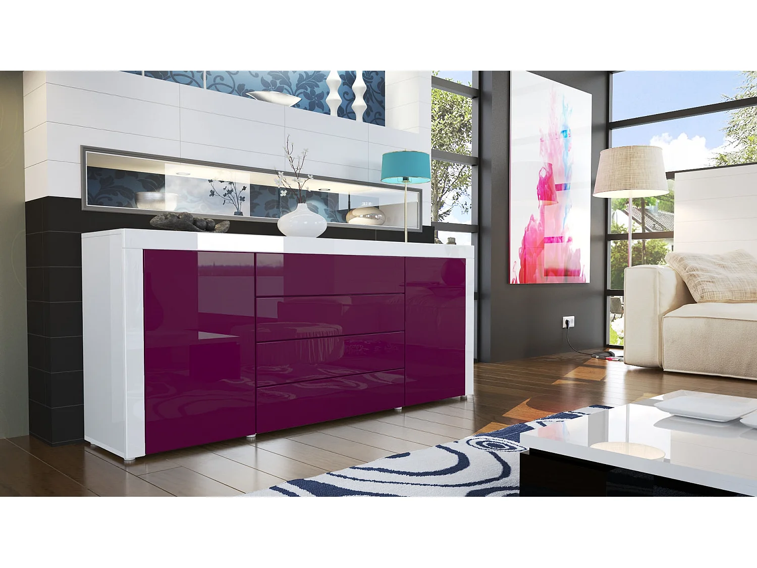 SIDEBOARD La Paz Brombeer Hochglanz / Weiß Hochglanz