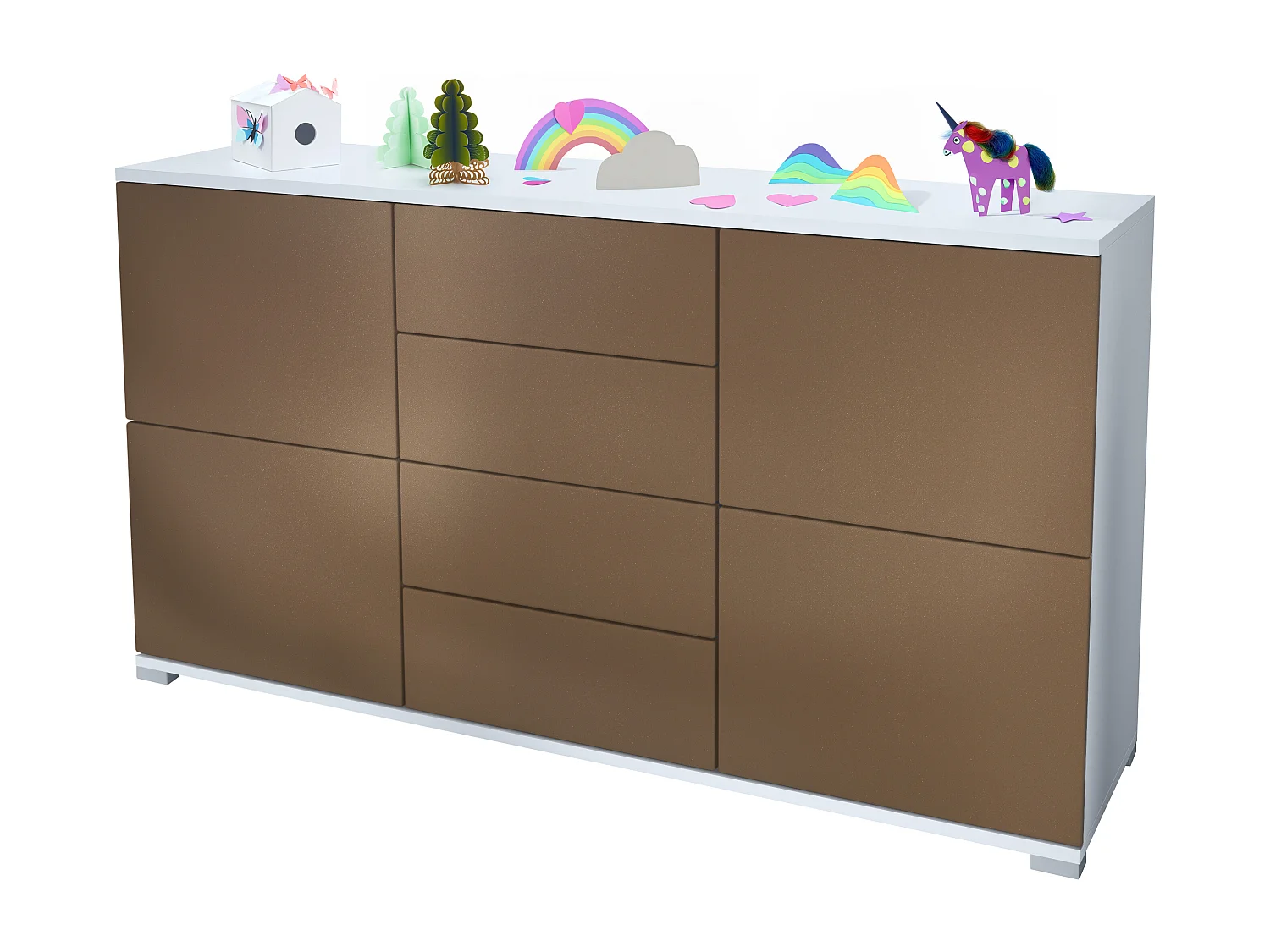 Buffet Rova V1 – Meuble avec 4 Portes et 4 Tiroirs, blanc mat/aspect bronzé (138,5 x 75,5 x 35)