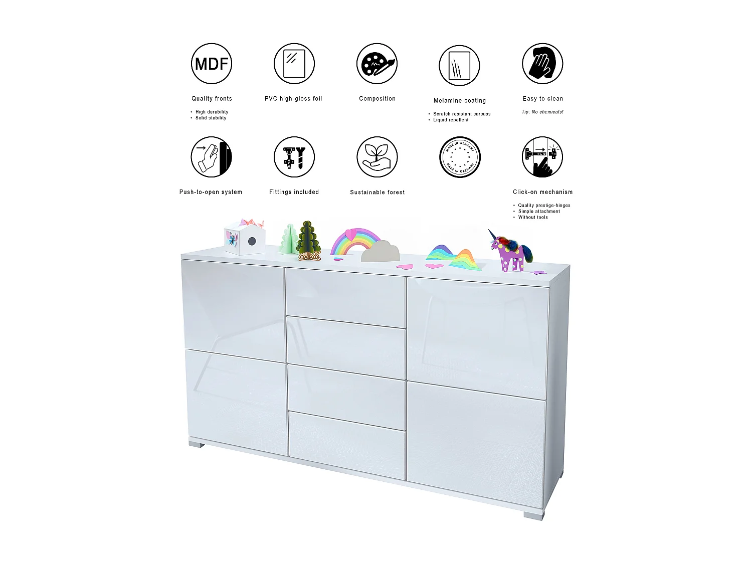 Buffet Rova V1 – Meuble avec 4 Portes et 4 Tiroirs, blanc mat/aspect bronzé (138,5 x 75,5 x 35)