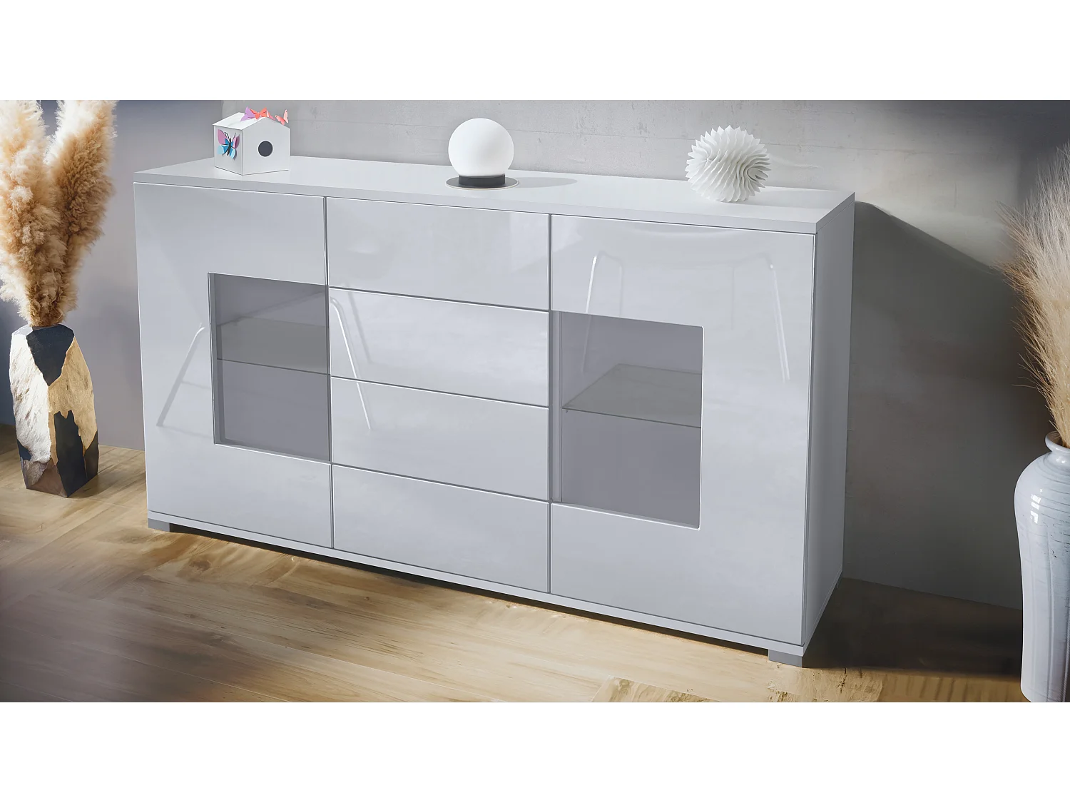 Buffet Grömitz V1 – Meuble avec 2 Grandes Portes et 4 Tiroirs, blanc mat/blanc haute brillance (138,5 x 75,5 x 35)