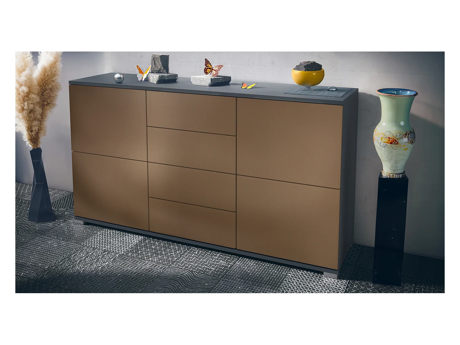 Buffet Rova V1 – Meuble avec 4 Portes et 4 Tiroirs, anthracite mat/aspect bronzé (138,5 x 75,5 x 35)