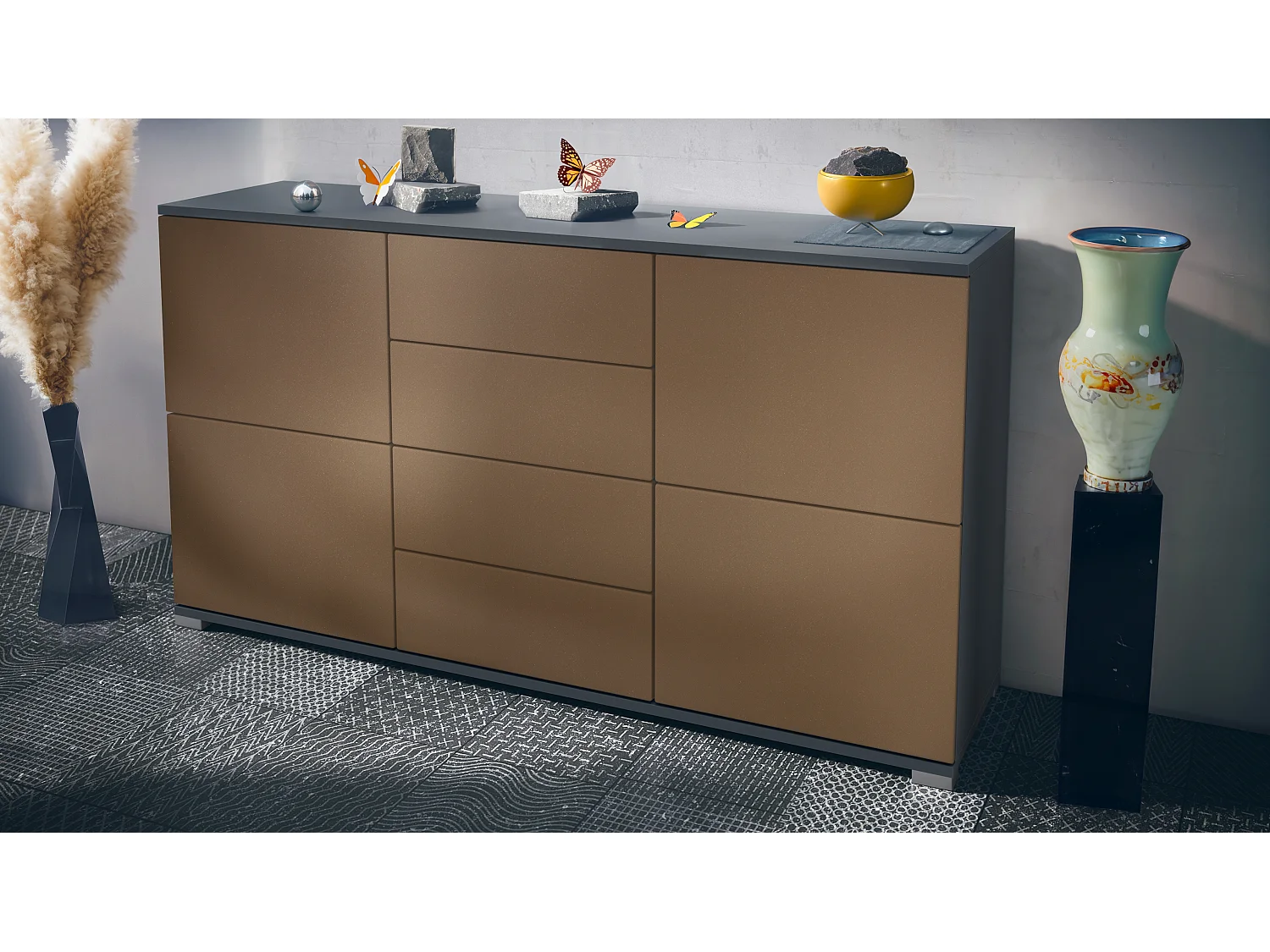 Buffet Rova V1 – Meuble avec 4 Portes et 4 Tiroirs, anthracite mat/aspect bronzé (138,5 x 75,5 x 35)