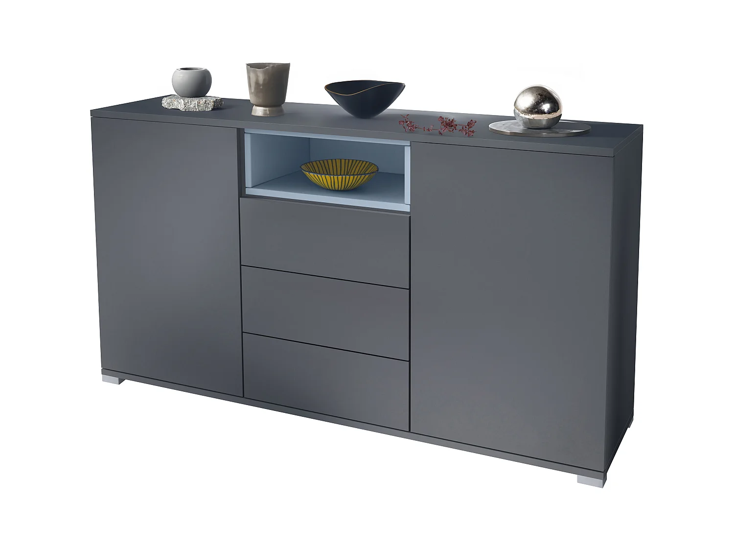 Skadu V2 Buffet, Commode avec 2 portes, 3 tiroirs et 1 compartiment ouvert, anthracite mat/denim mat (138,5 x 75,5 x 35 cm)