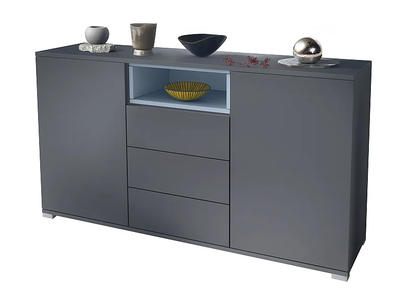 Skadu V2 Buffet, Commode avec 2 portes, 3 tiroirs et 1 compartiment ouvert, anthracite mat/denim mat (138,5 x 75,5 x 35 cm)