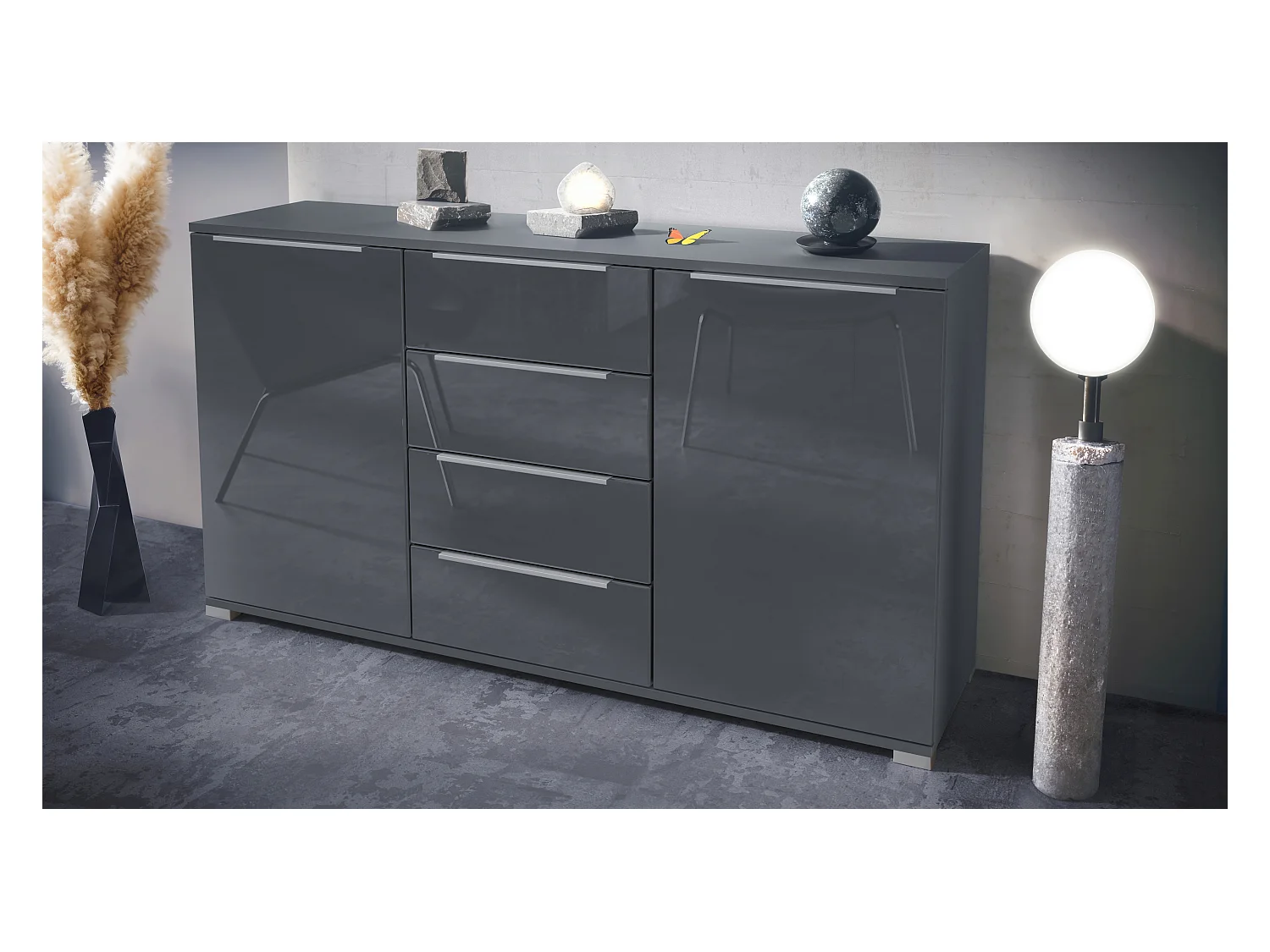 Buffet Linio V1, Enfilade avec 2 portes et 4 tiroirs, anthracite mat / gris haute brillance (138,5 x 75,5 x 35 cm)
