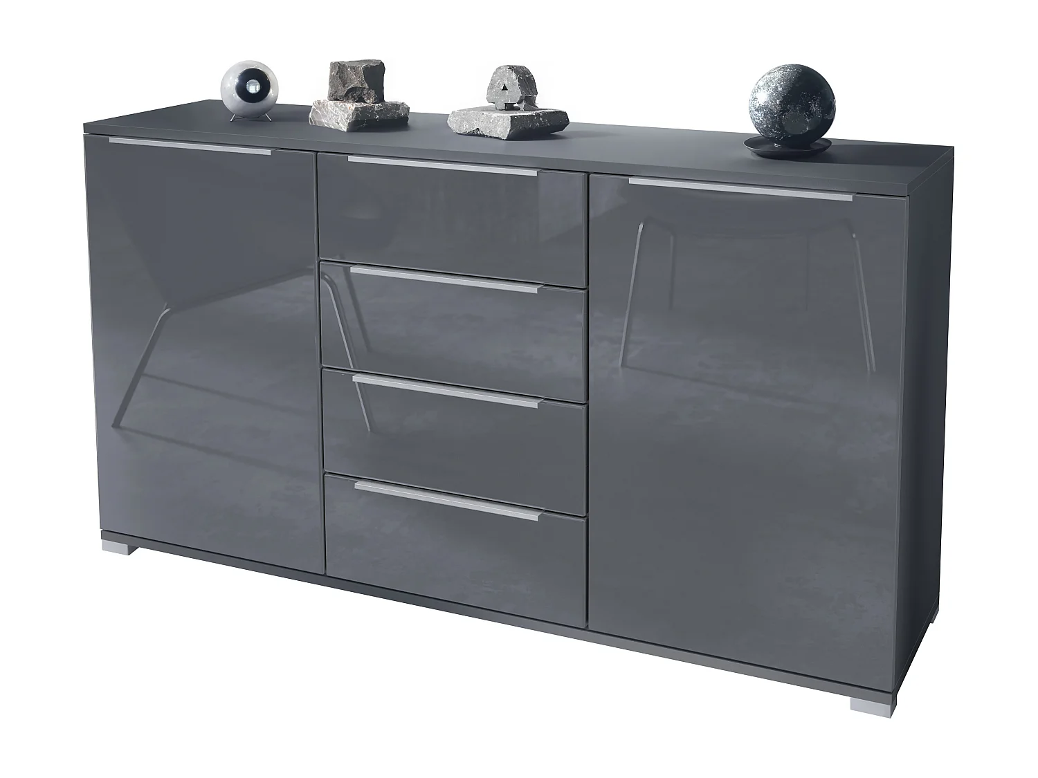 Buffet Linio V1, Enfilade avec 2 portes et 4 tiroirs, anthracite mat / gris haute brillance (138,5 x 75,5 x 35 cm)