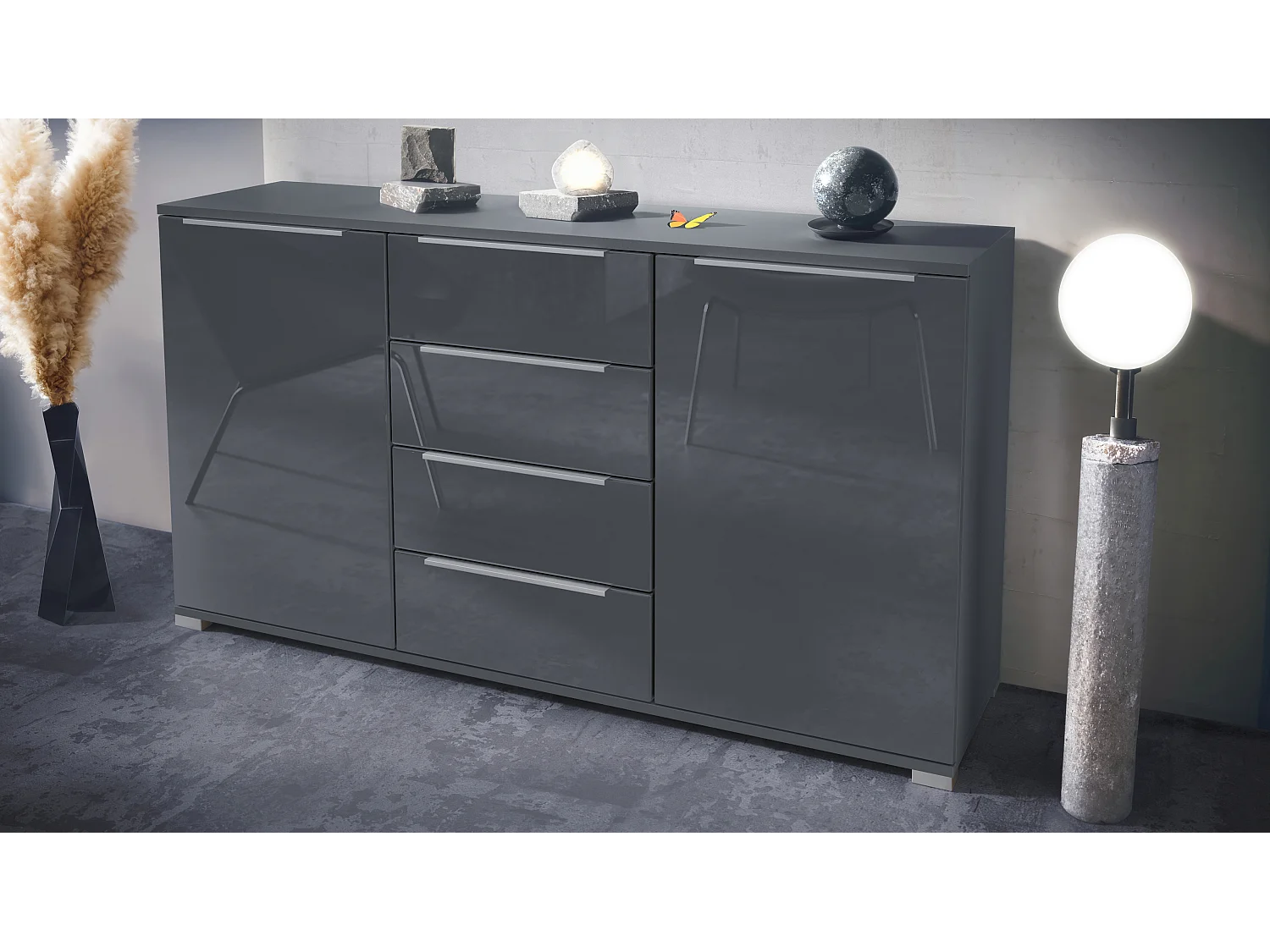 Buffet Linio V1, Enfilade avec 2 portes et 4 tiroirs, anthracite mat / gris haute brillance (138,5 x 75,5 x 35 cm)