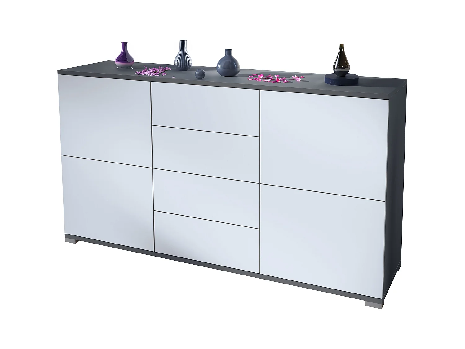 Aparador Rova V1 – Mueble con 4 Puertas y 4 Cajones, antracita mate/blanco mate (138,5 x 75,5 x 35)