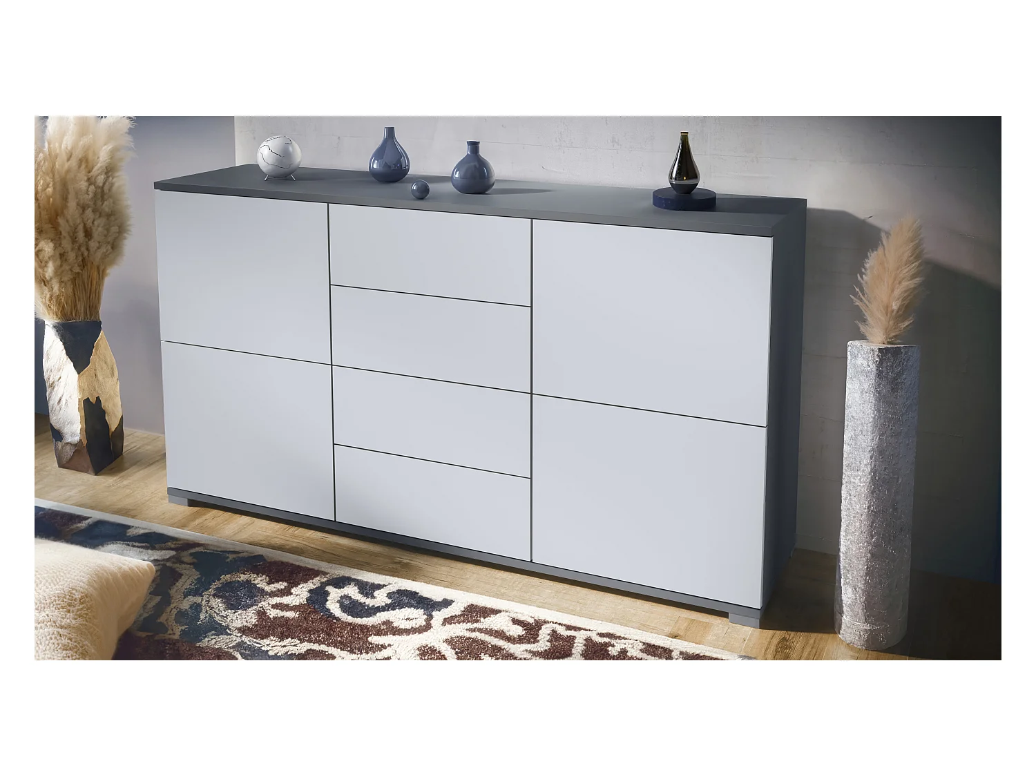 Aparador Rova V1 – Mueble con 4 Puertas y 4 Cajones, antracita mate/blanco mate (138,5 x 75,5 x 35)