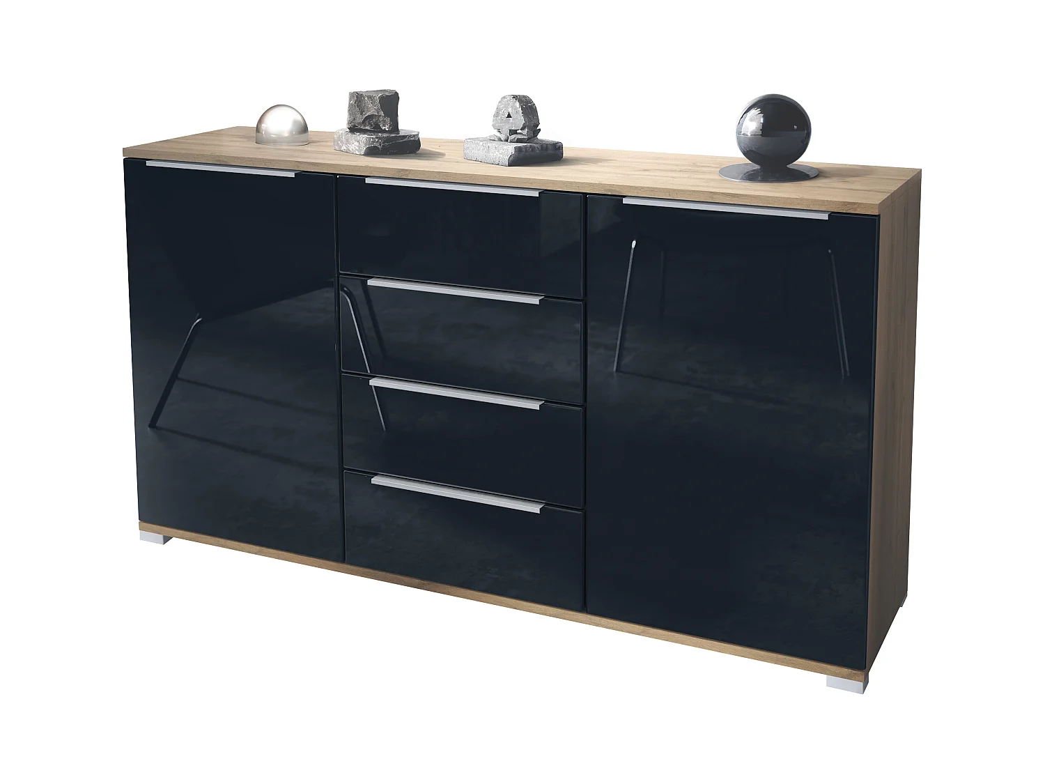Buffet Linio V1, Enfilade avec 2 portes et 4 tiroirs, Chêne Evoke / noir haute brillance (138,5 x 75,5 x 35 cm)