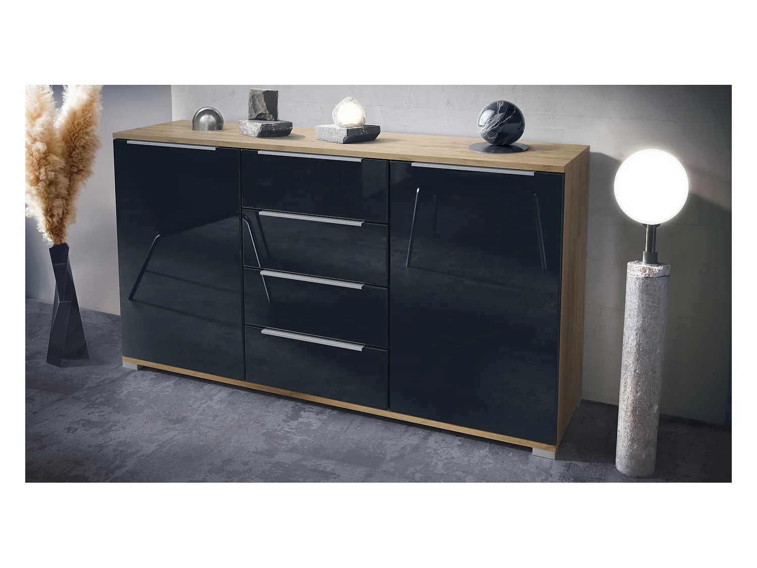 Buffet Linio V1, Enfilade avec 2 portes et 4 tiroirs, Chêne Evoke / noir haute brillance (138,5 x 75,5 x 35 cm)