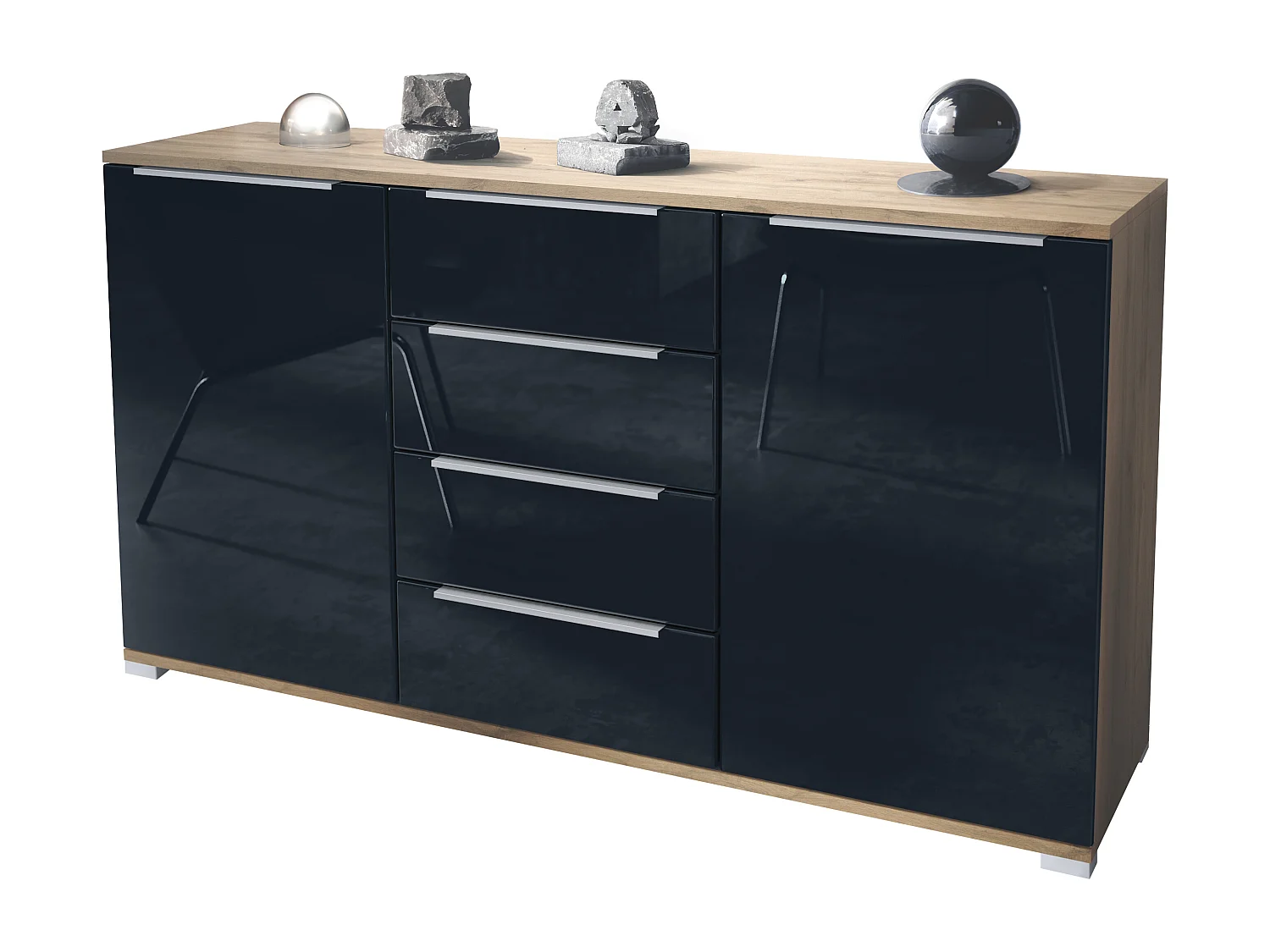 Buffet Linio V1, Enfilade avec 2 portes et 4 tiroirs, Chêne Evoke / noir haute brillance (138,5 x 75,5 x 35 cm)