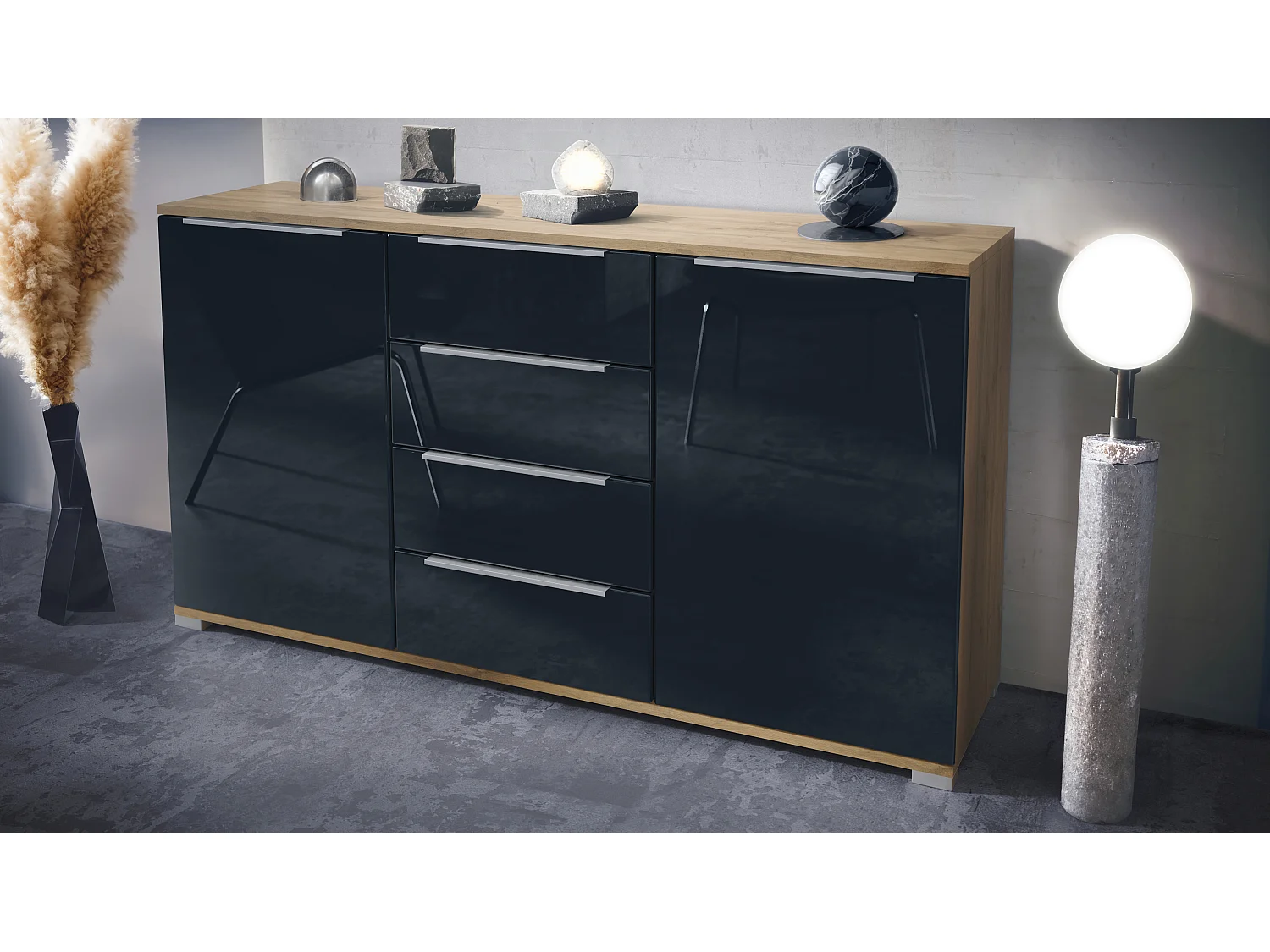 Buffet Linio V1, Enfilade avec 2 portes et 4 tiroirs, Chêne Evoke / noir haute brillance (138,5 x 75,5 x 35 cm)