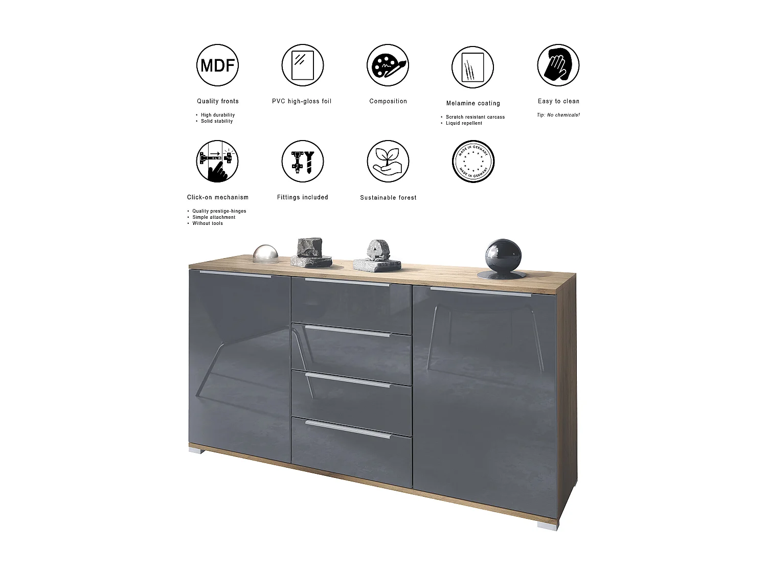 Buffet Linio V1, Enfilade avec 2 portes et 4 tiroirs, Chêne Evoke / noir haute brillance (138,5 x 75,5 x 35 cm)