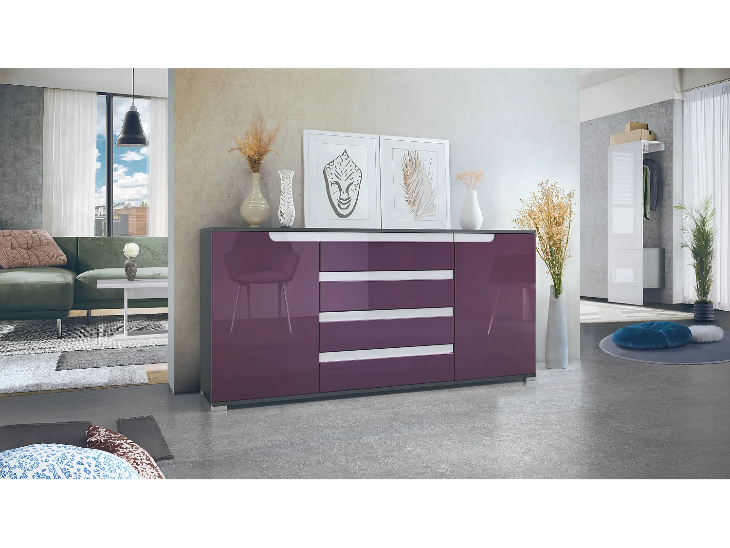 Credenza Sylt V2, Comò con 2 Ante e 4 Cassetti, Struttura - antracite opaco  / Frontale - violetto porpora lucido / Dettagli - bianco lucido (166,5 x 75,5 x 35 cm)