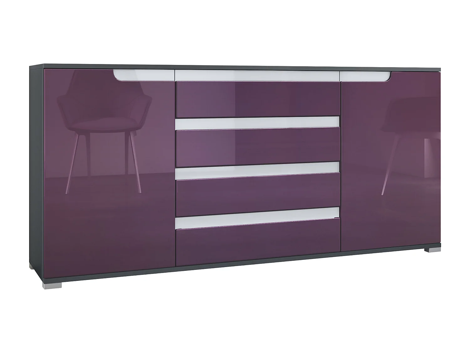 Credenza Sylt V2, Comò con 2 Ante e 4 Cassetti, Struttura - antracite opaco  / Frontale - violetto porpora lucido / Dettagli - bianco lucido (166,5 x 75,5 x 35 cm)
