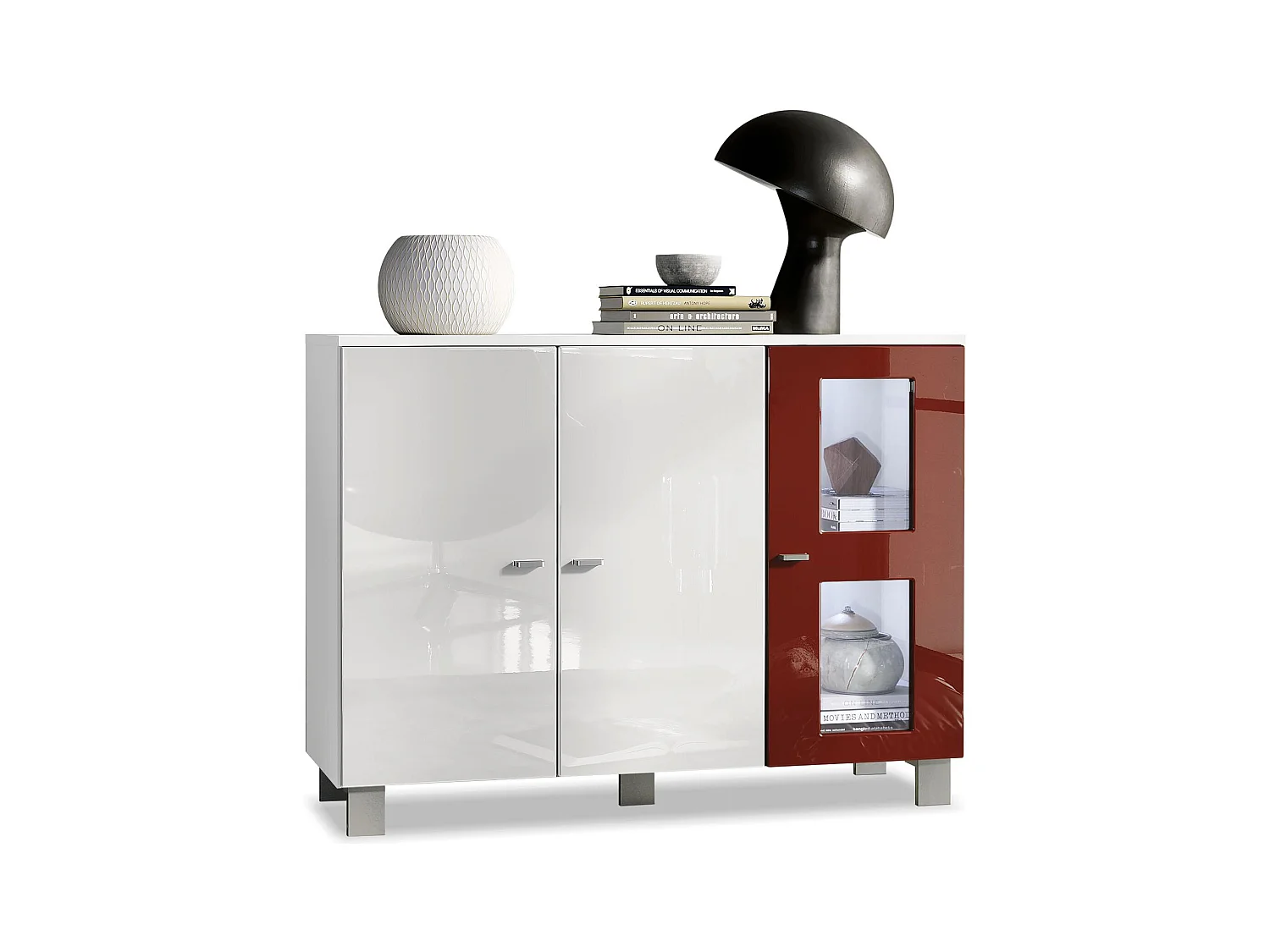 Buffet Denjo, Commode avec 3 portes, Blanc mat/Blanc haute brillance/Bordeaux haute brillance, éclairage LED inclus (107 x 81 x 35 cm)