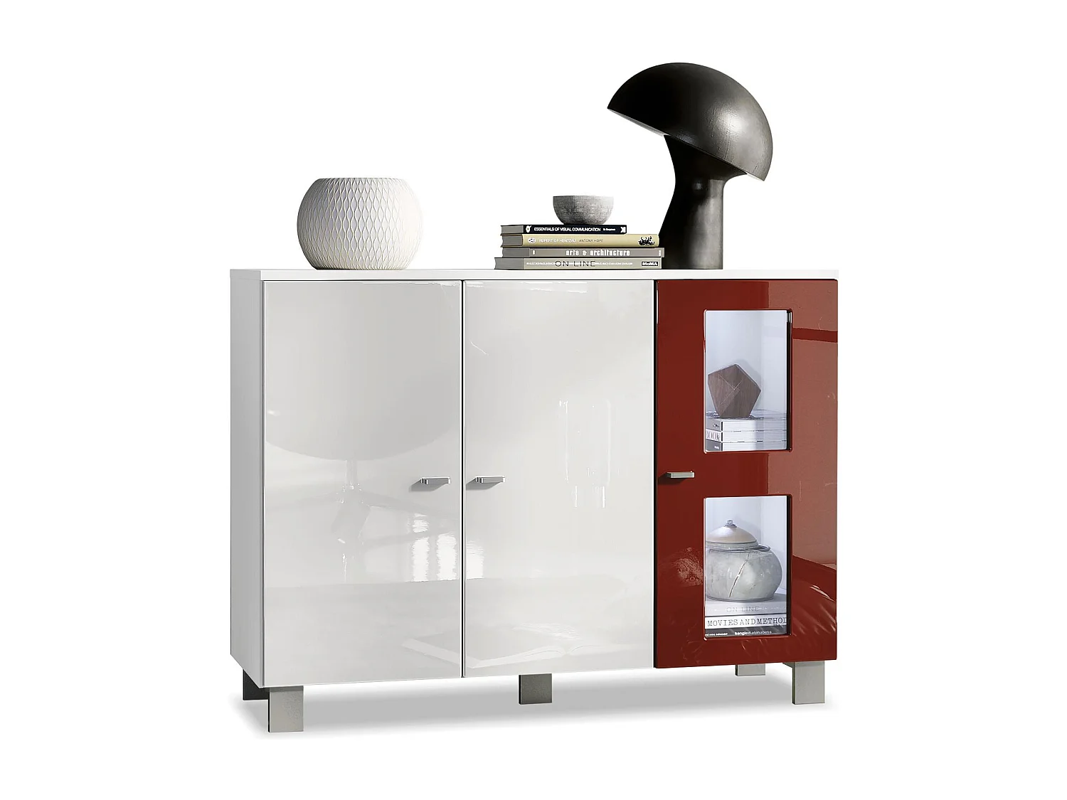 Buffet Denjo, Commode avec 3 portes, Blanc mat/Blanc haute brillance/Bordeaux haute brillance, éclairage LED inclus (107 x 81 x 35 cm)