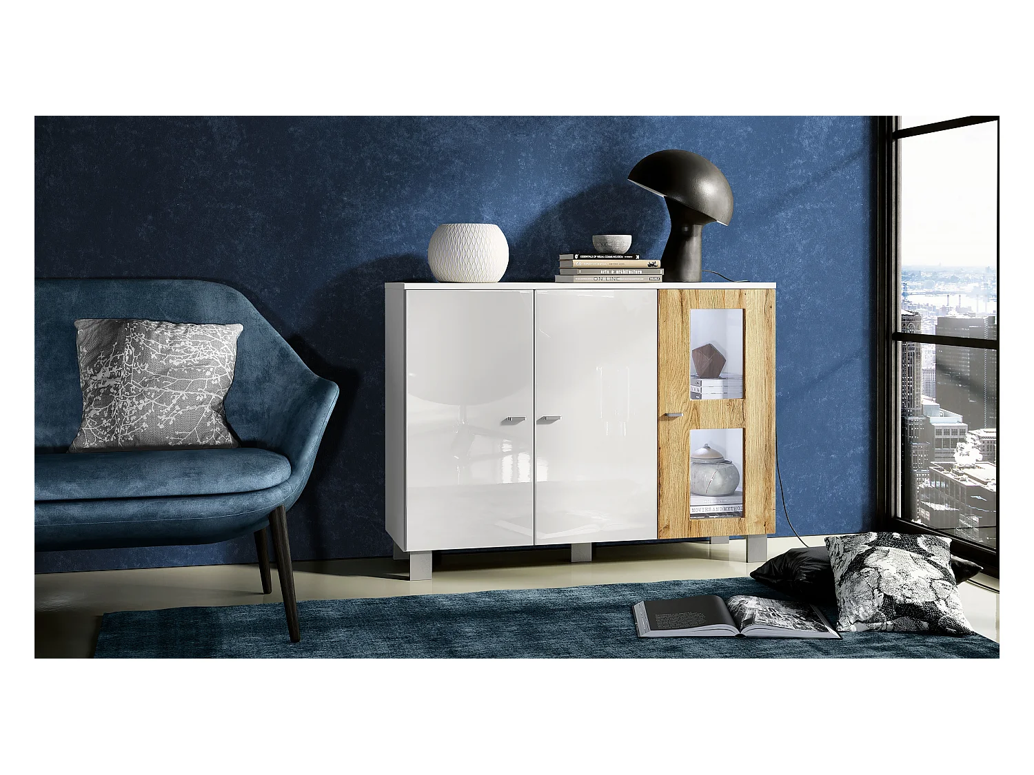 Buffet Denjo, Commode avec 3 portes, Blanc mat/Blanc haute brillance/Chêne Nature, éclairage LED inclus (107 x 81 x 35 cm)