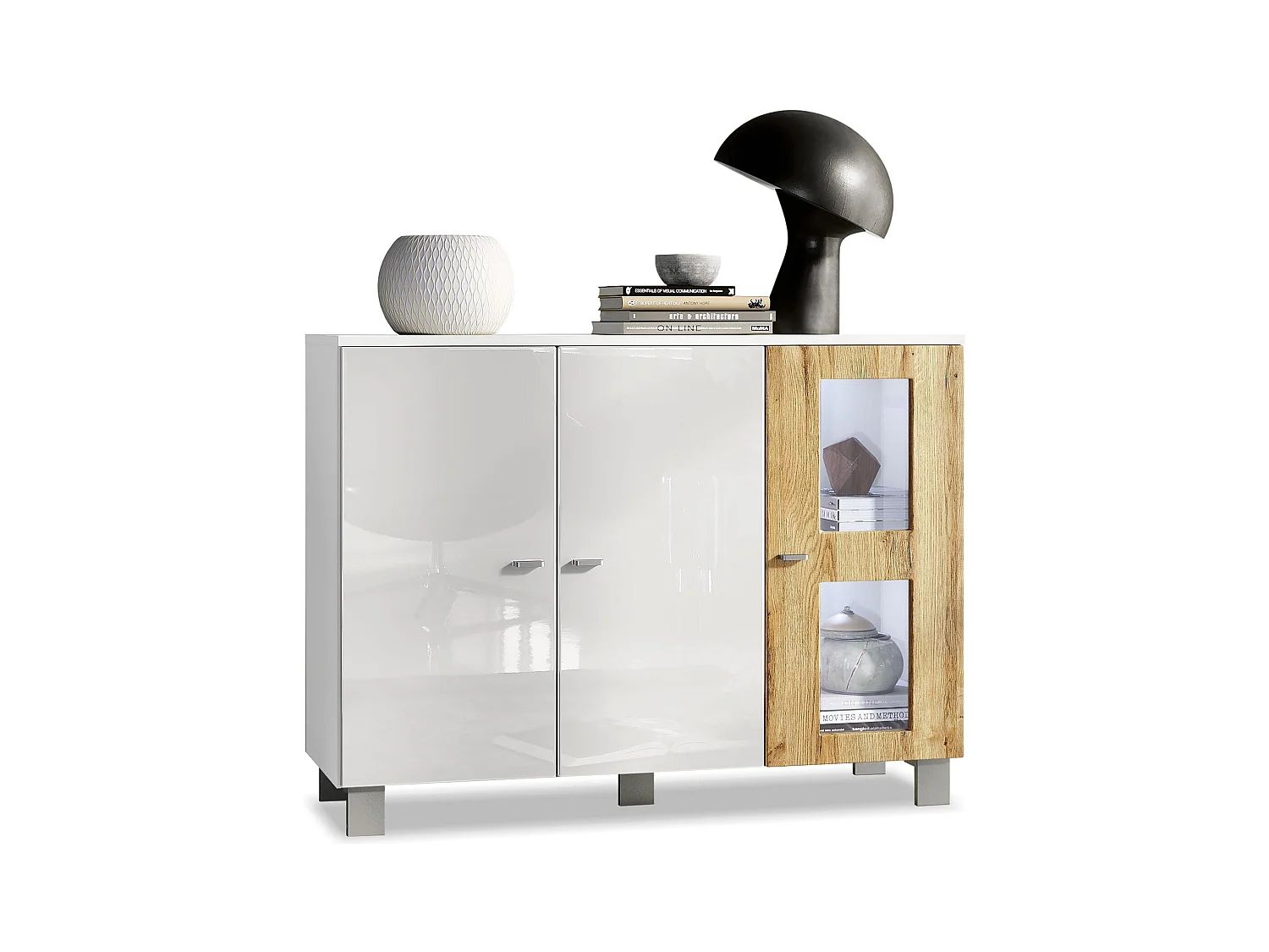 Buffet Denjo, Commode avec 3 portes, Blanc mat/Blanc haute brillance/Chêne Nature, éclairage LED inclus (107 x 81 x 35 cm)