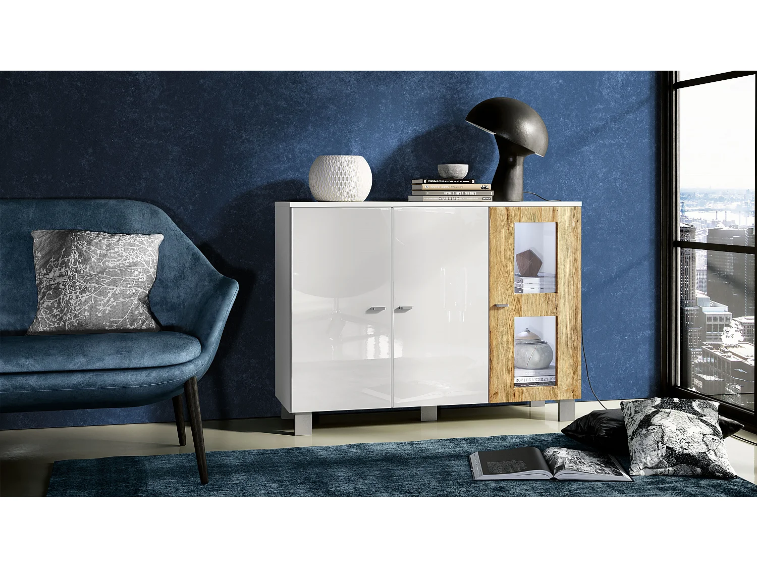 Buffet Denjo, Commode avec 3 portes, Blanc mat/Blanc haute brillance/Chêne Nature, éclairage LED inclus (107 x 81 x 35 cm)