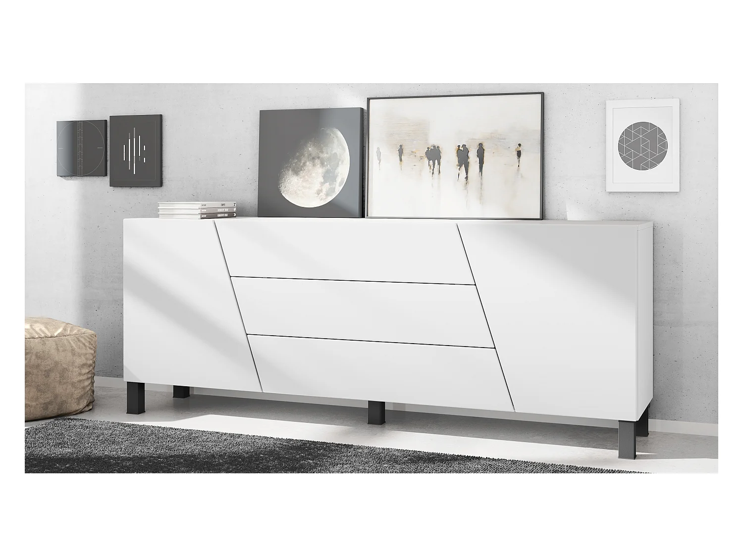 Aparador  Houston, cómoda con 2 puertas y 3 cajones, carcasa blanca mate, frentes blanca mate (178 x 69,5 x 38,5 cm)