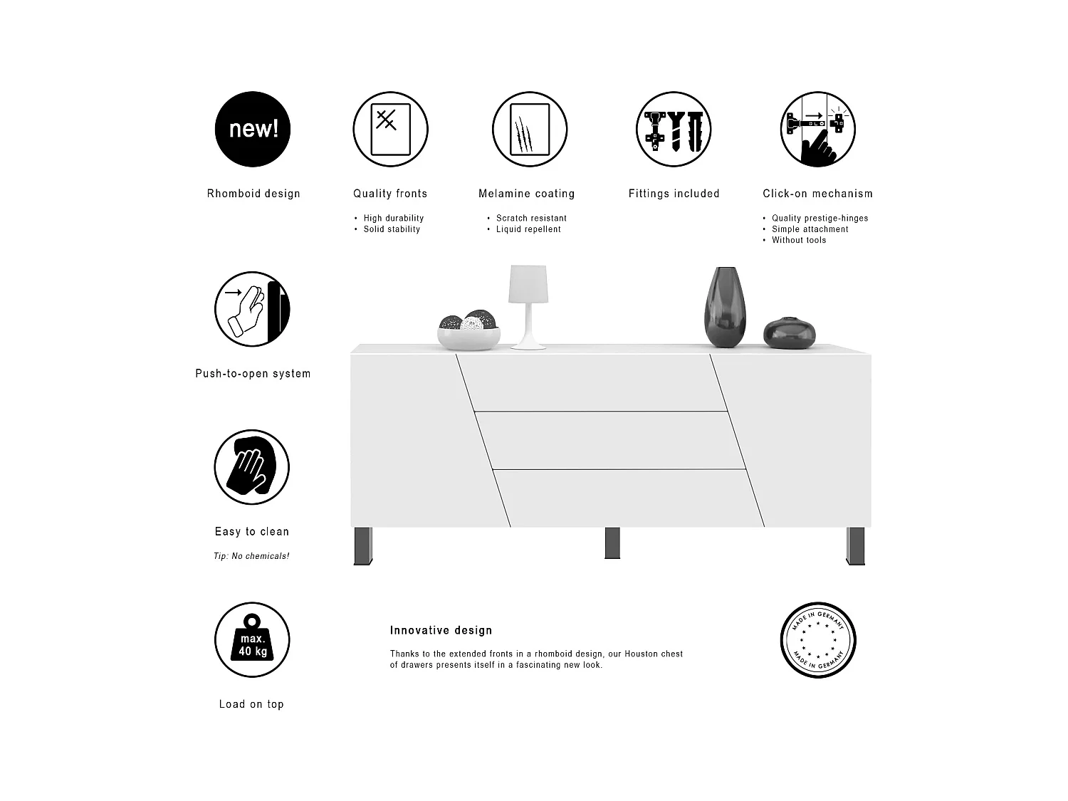 Aparador  Houston, cómoda con 2 puertas y 3 cajones, carcasa blanca mate, frentes blanca mate (178 x 69,5 x 38,5 cm)