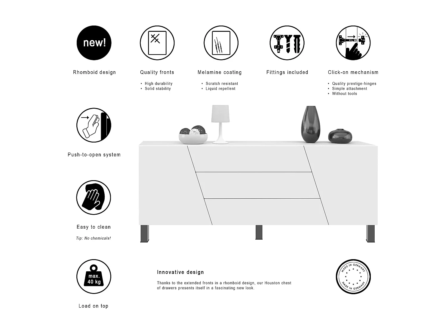 Vladon madia Houston, credenza a 2 ante e 3 cassetti, mobile bianco opaco, frontali bianco opaco (178 x 57,5 x 38,5 cm)